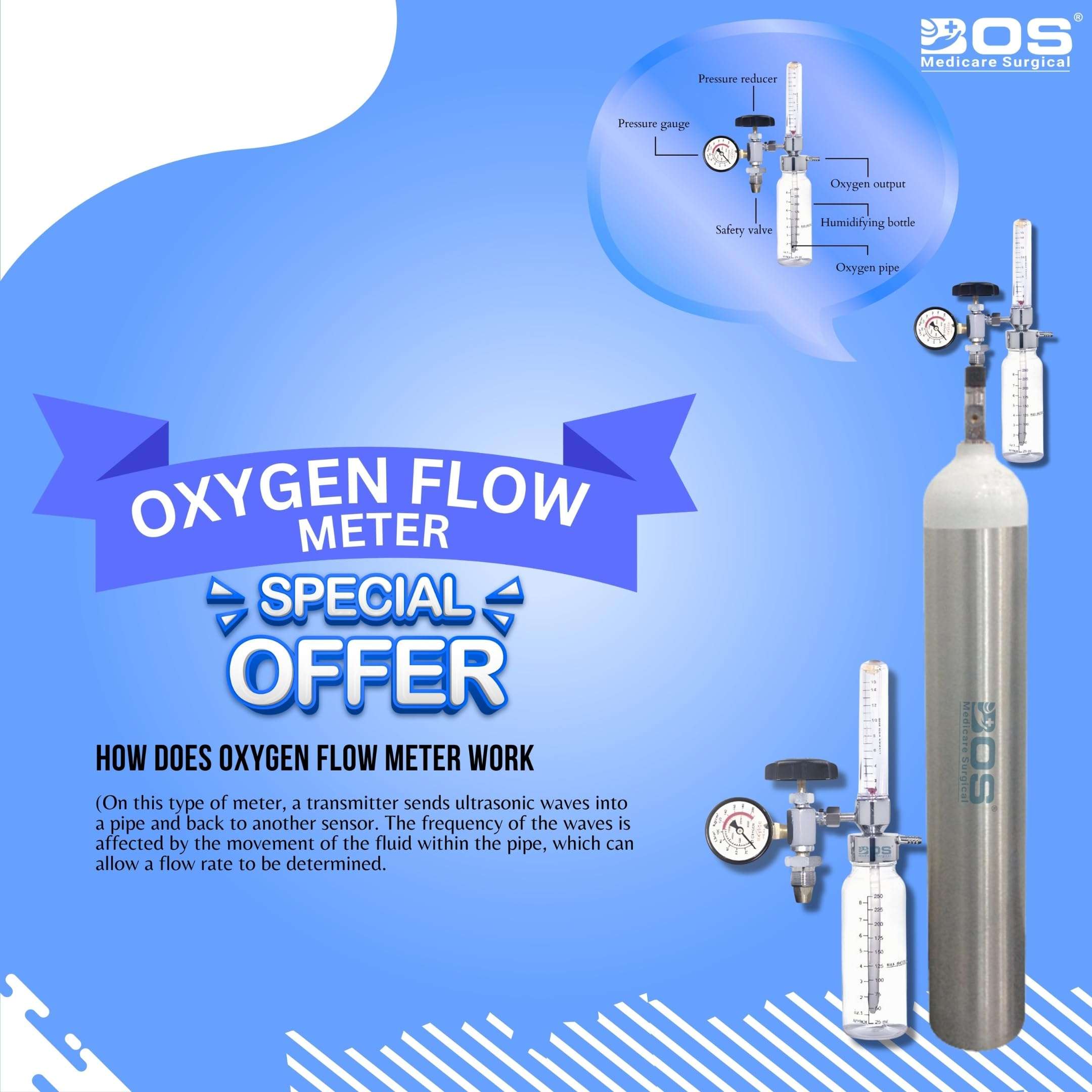 Bos Medicare Surgical Oxygen Flow Meter with Regulator & Humidifier Bottle | Rotameter Type Oxygen Valve – Metal Body (OXY 03) for Medical Use 6