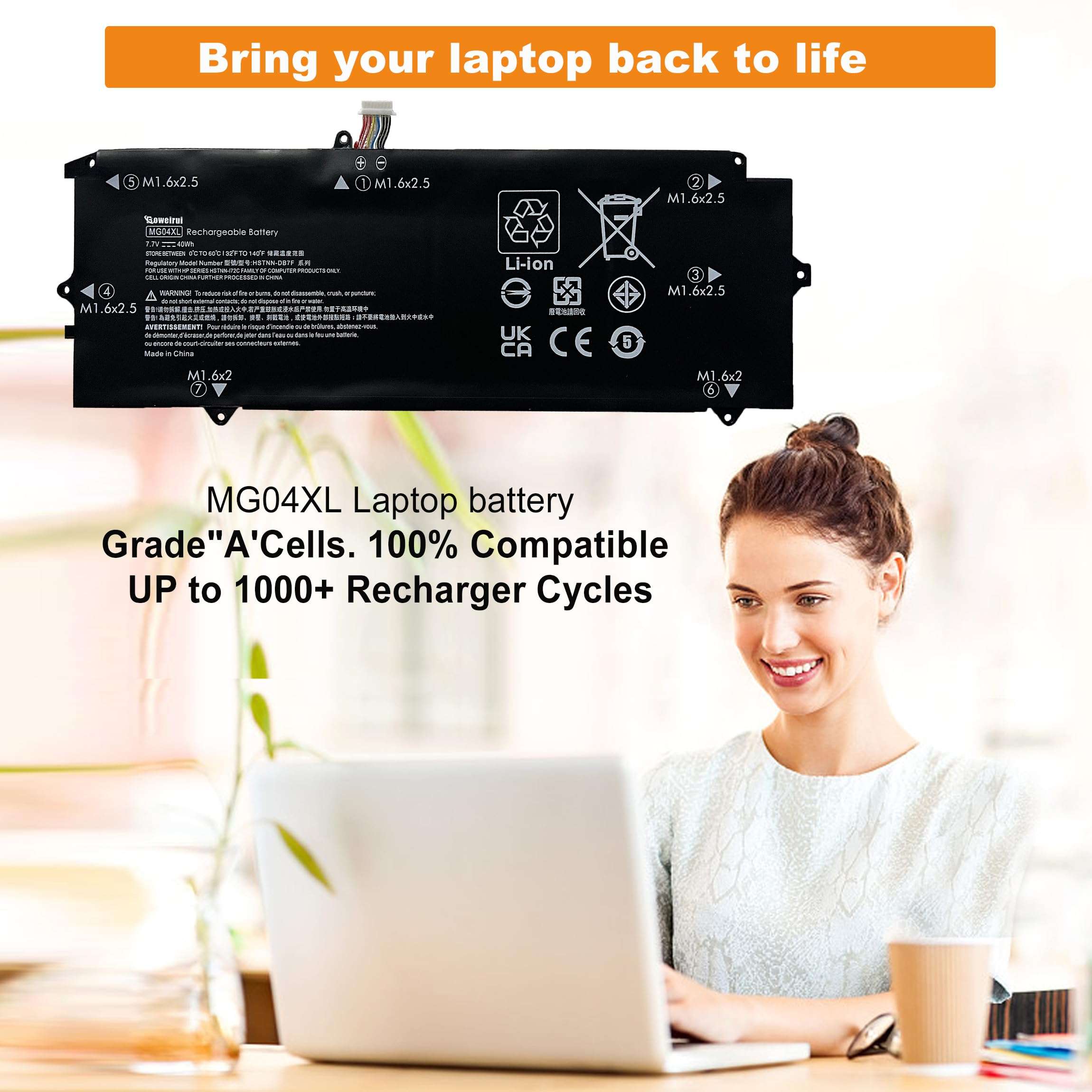 BOWEIRUI MG04XL 812205-001 Laptop Battery Replacement for Hp Elite X2 1012 G1 Series Laptop MG04 HSTNN-172C HSTNN-I72C 812060-2B1 812060-2C1 HSTNN-DB7F 7.7V 40Wh 2