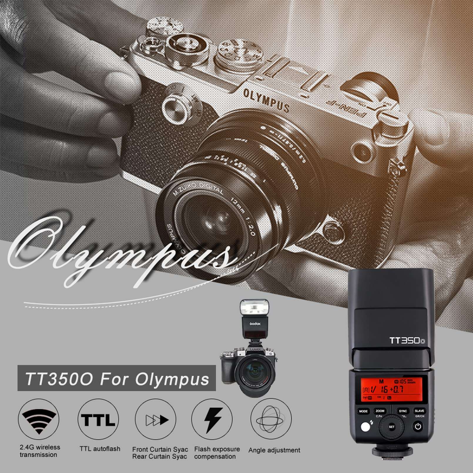 GODOX TT350O Flash for Olympus Panasonic Camera, TTL 2.4G Wireless GN36 1/8000s HSS Speedlite, Mini Camera Flash Compatible for Panasonic Olympus Camera 2