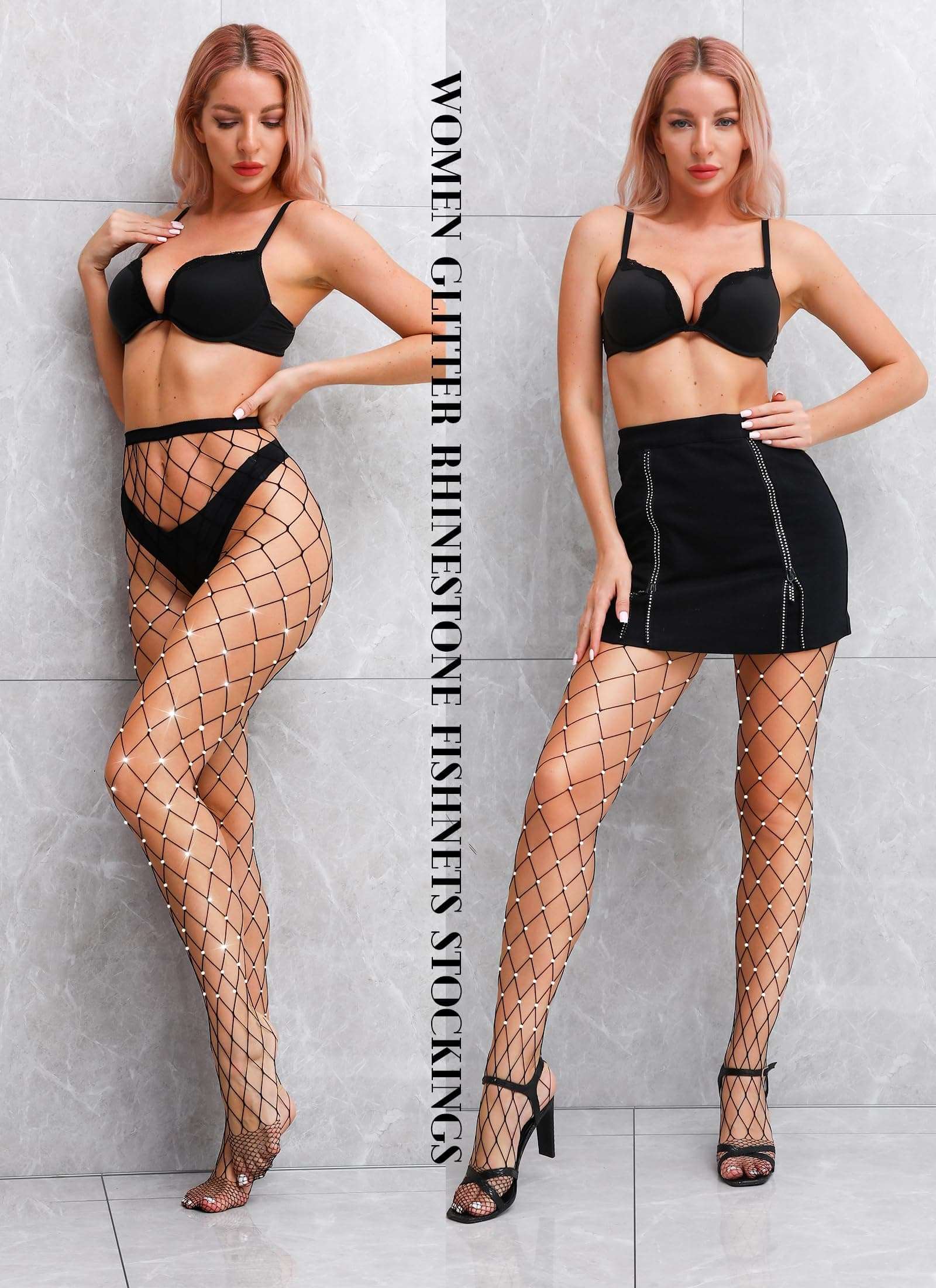 VEBZIN 2 Pack Sparkly Large And Medium Mesh Black Fishnet Tights Glitter Rhinestone Fishnets Leggings Stockings for Women 3