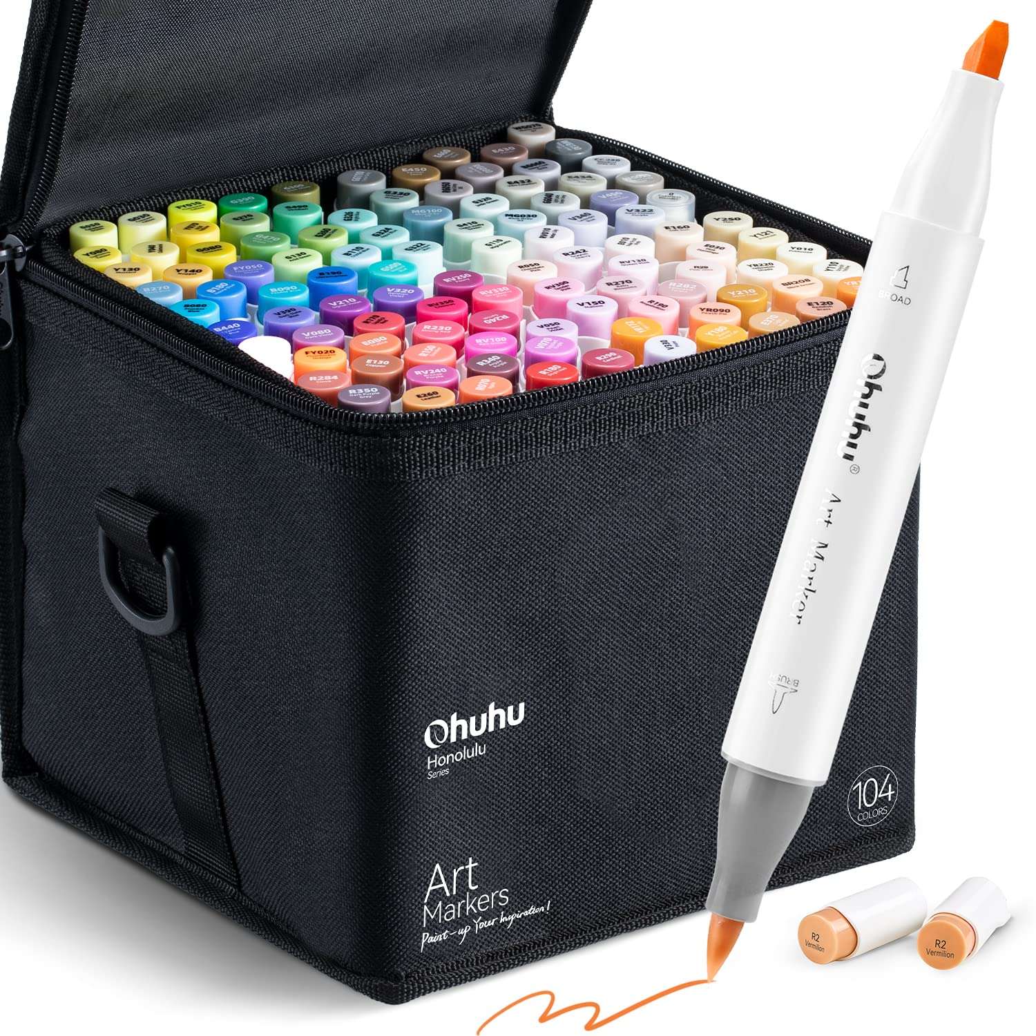 Ohuhu Alcohol Markers Brush Tip-104-Color Art Marker Set For Artists Honolulu Series Double Tipped Alcohol Based For Adults Coloring Sketching Illustration Dual Tip Brush&Chisel,Multi-coloured 1