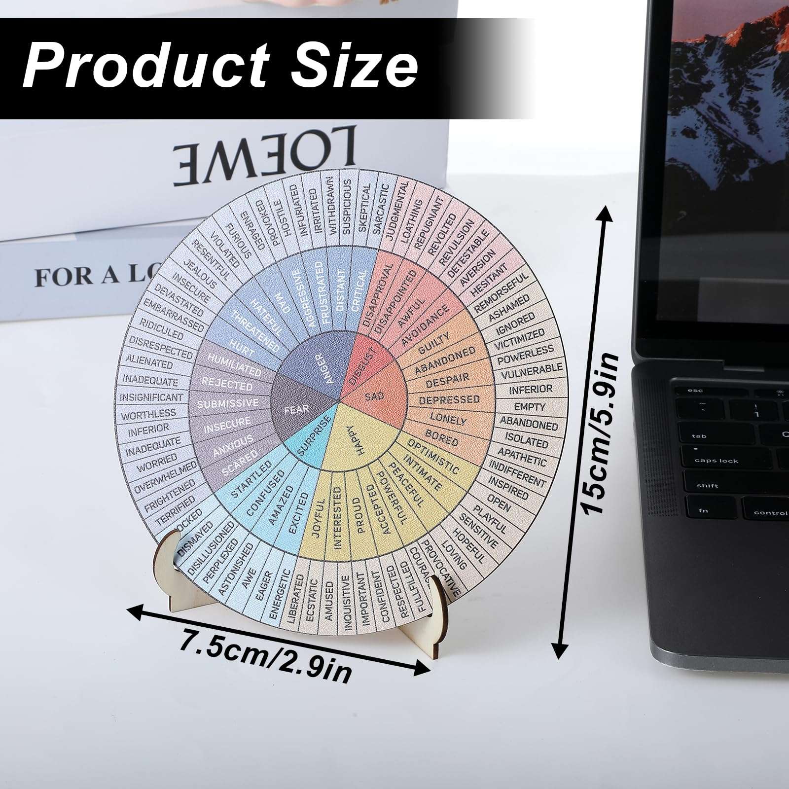 Qianyu Feelings Wheel Therapy Office Desk Decor Double Sided Mental Health Office Decor with Stand Round Therapy Emotions Chart Wheel for Home School Counselor Counseling Therapist Therapy 3