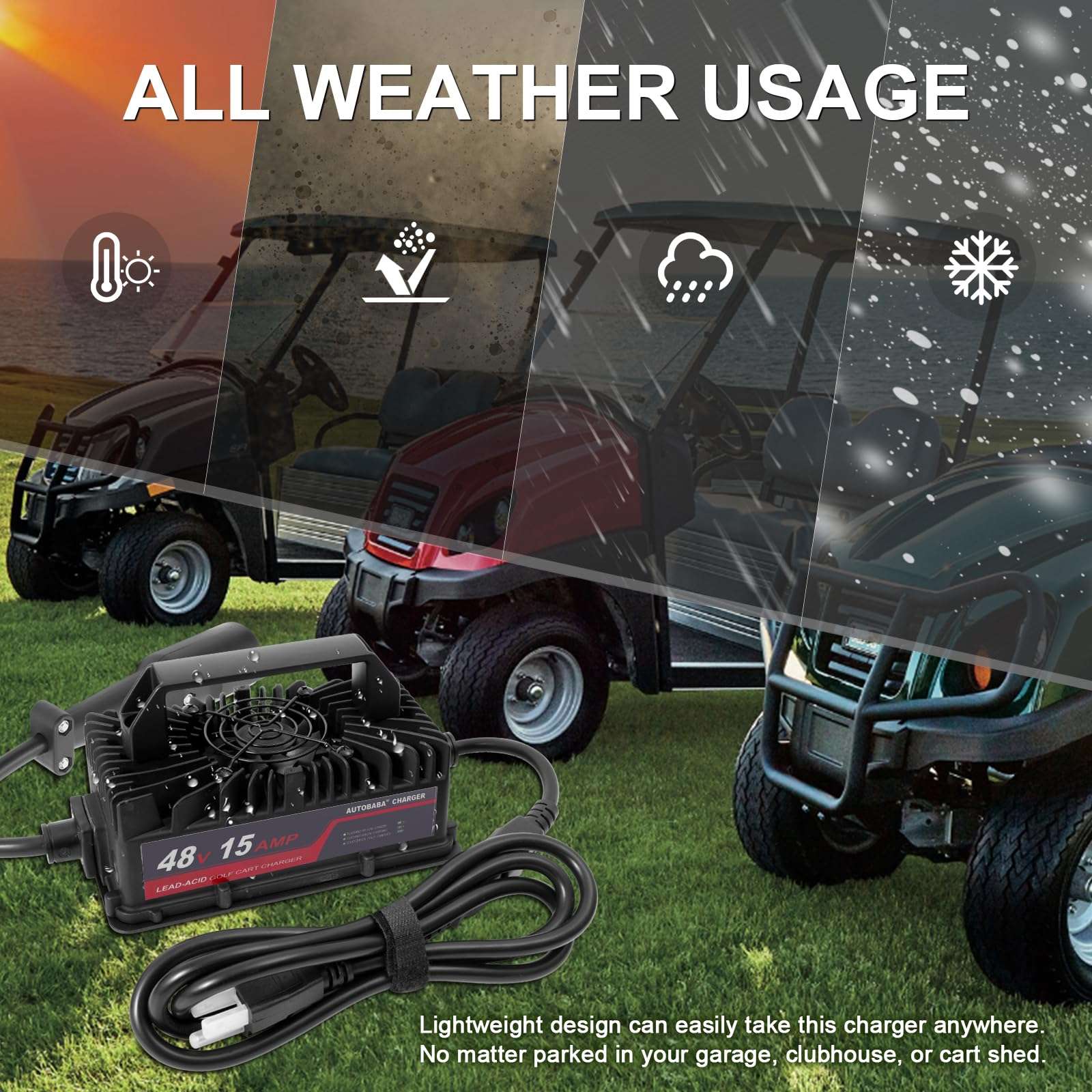 AUTOBABA 48 Volts 15 AMP Golf Club Car Battery Charger 3-Pin Round Style Plug Charger Compatible with 1995-Present DS & Precedent Club Carts (Lead Acid) 3