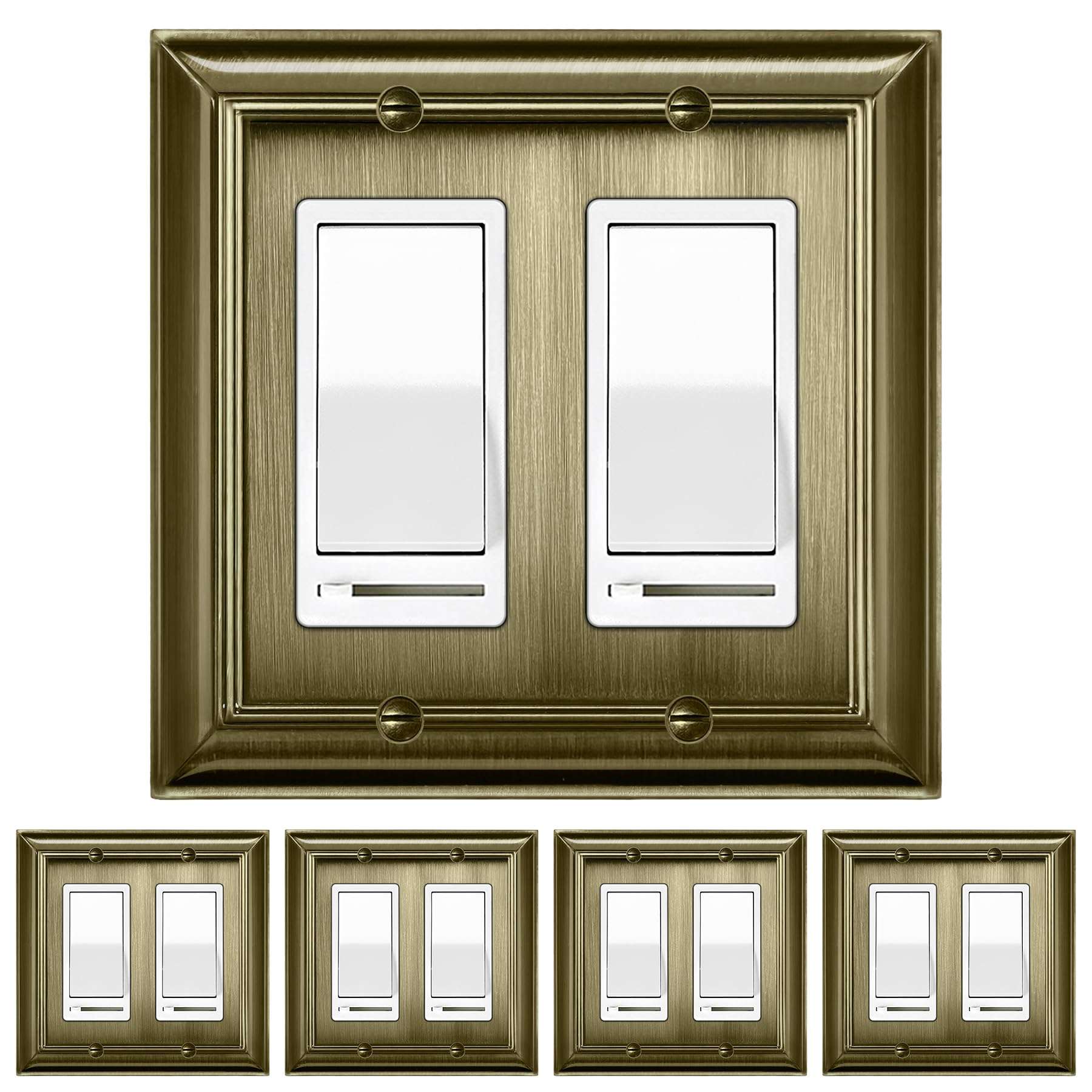BESTTEN 10 Pack Dimmer Light Switch, Single Pole or 3-Way, LED Dimmer Switches with 5 Pack Antique Brass Outlet Cover 1