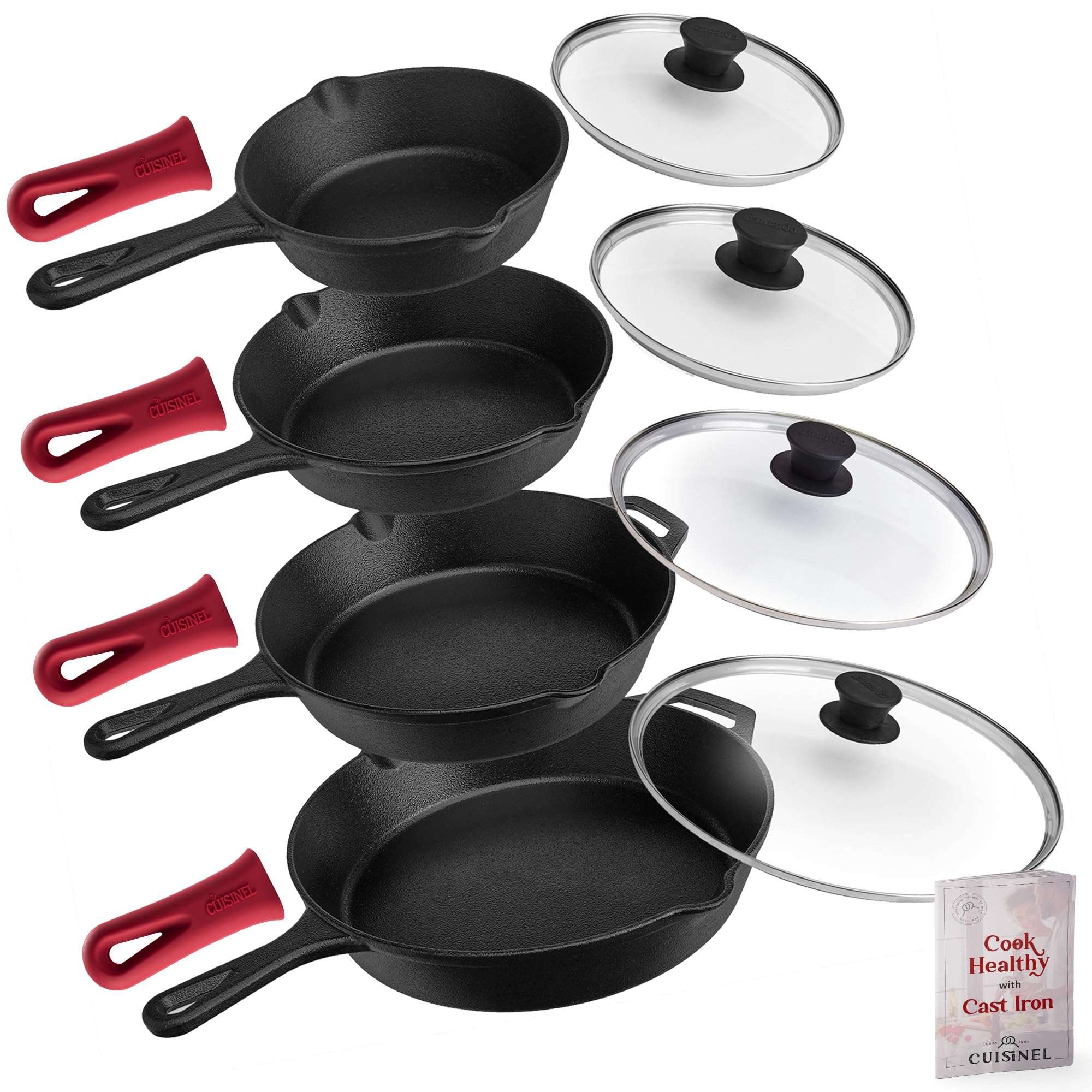 Cuisinel Cast Iron Skillets Set - 6"+8"+10+12"-Inch + Glass Lids + Silicone Handle Holder Cover Grips - Pre-Seasoned Frying Pan - Oven Cookware - Use Indoor/Outdoor, Grill, Stovetop, Fire 1