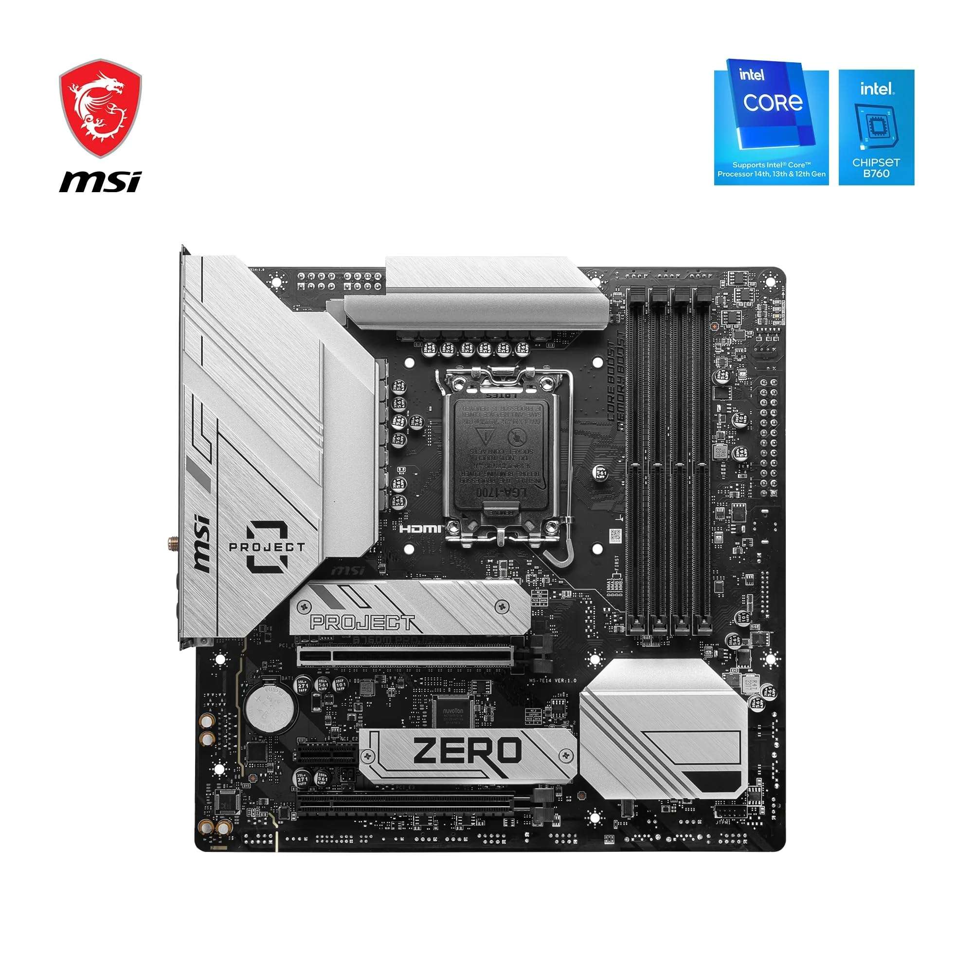 MSI B760M Project Zero, Back-Connect Micro-ATX - Supports 14th/13th/12th Gen Intel Core Processors, LGA 1700-75A DrMOS VRM, DDR5 Memory Boost 7800+MHz/OC, PCIe 5.0 x16, 2 x M.2 Gen4, Intel Wi-Fi 6E 3