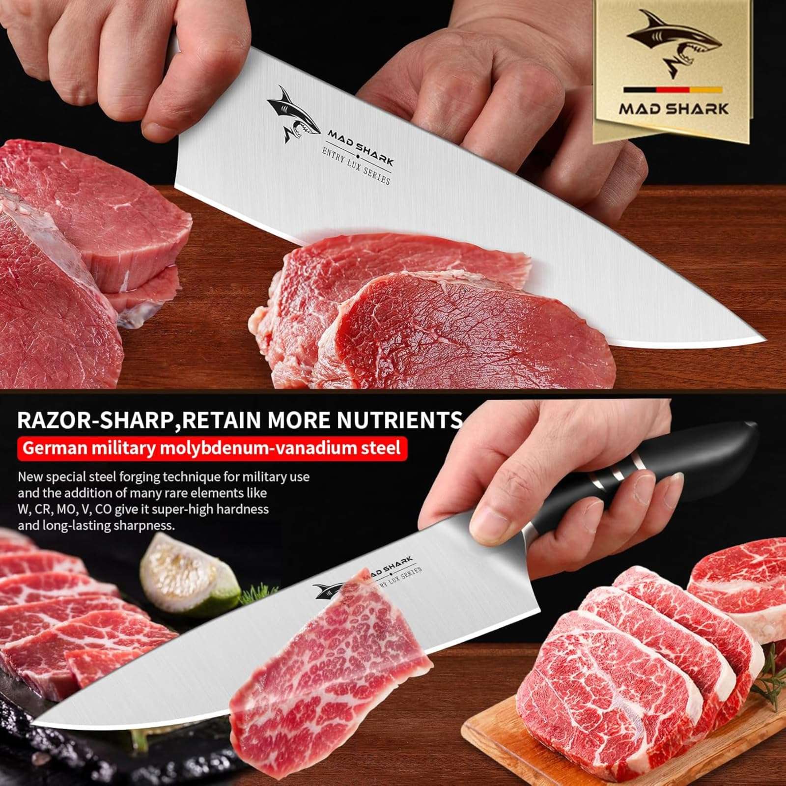 MAD SHARK Chef Knife 8 inch Chopping Knife High Carbon Stainless Steel Shark Chef's Knives with Ergonomic Handle, Cooking Knife with Gift Box, Birthday Gifts for Mom/Dad, Black 5