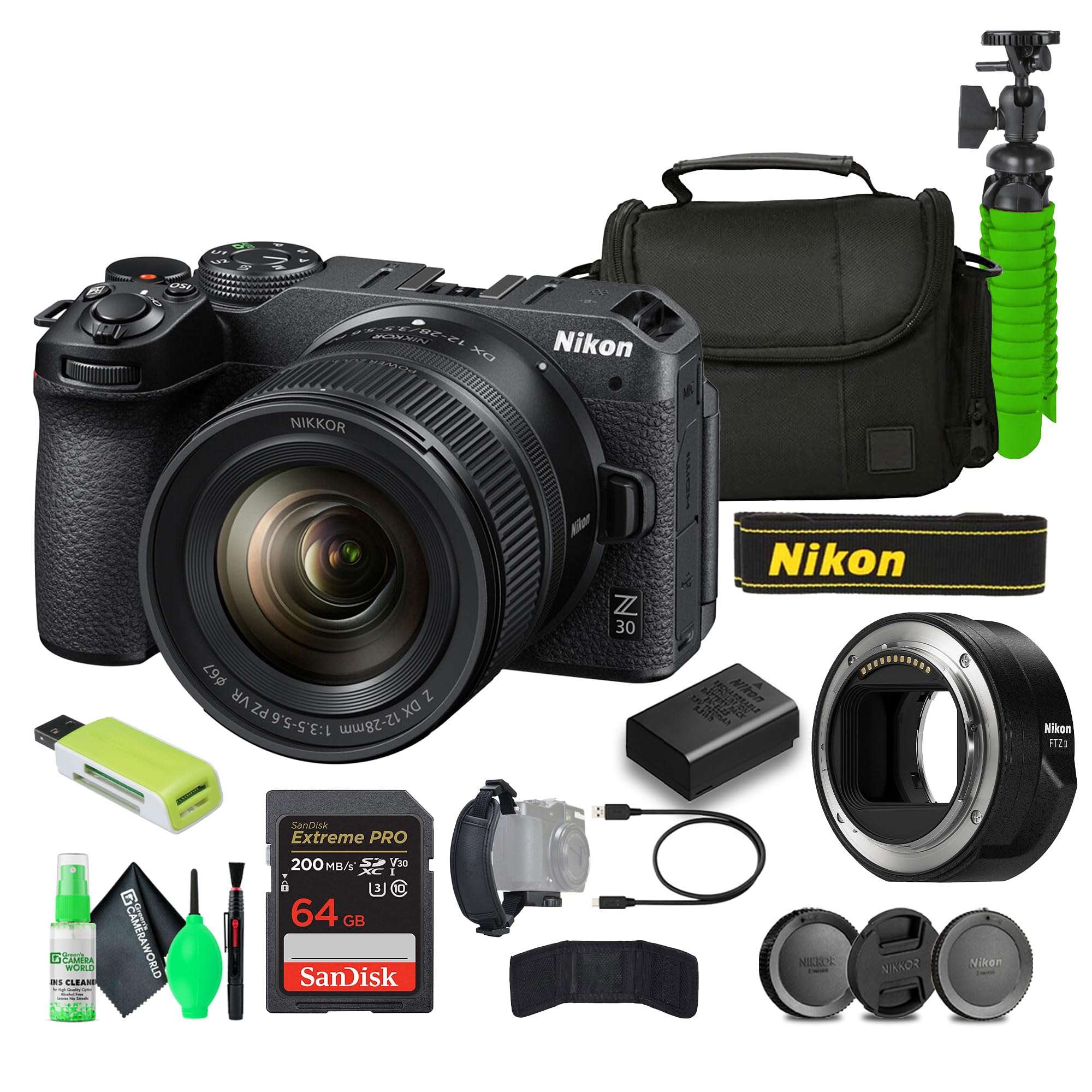 Nikon Z30 Lightweight Mirrorless Camera with 12-28mm Zoom Lens + Memory Card Wallet + Extreme PRO 64GB Card + 12 Inch Tripod FTZ II Mount Adapter + More 1