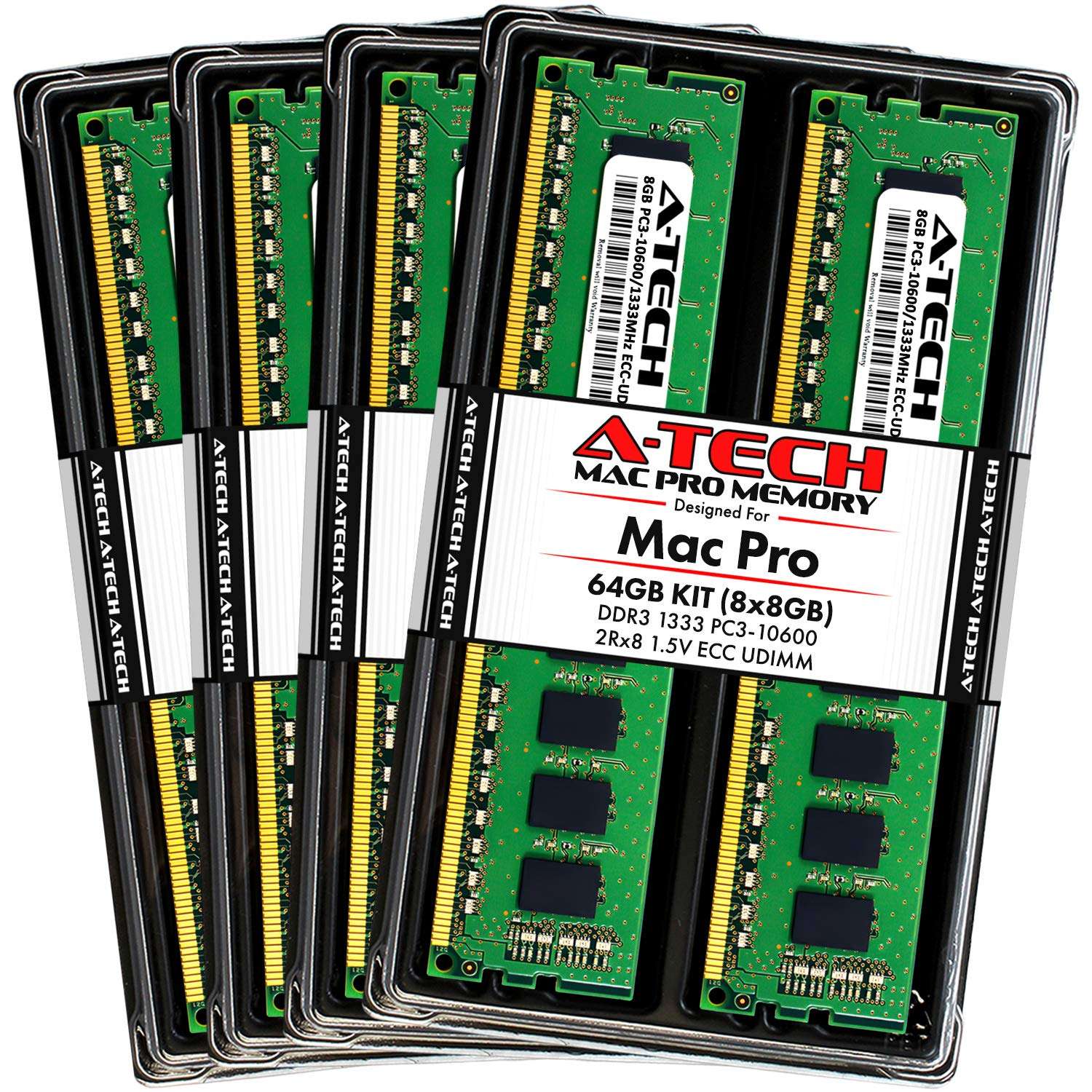 A-Tech 64GB Kit (8x8GB) Memory for Mac Pro Mid 2010 & Mid 2012 (MacPro5,1) | DDR3 1333MHz ECC Unbuffered DIMM PC3-10600 Dual Rank 2Rx8 1.5V 240 Pin RAM Upgrade 1