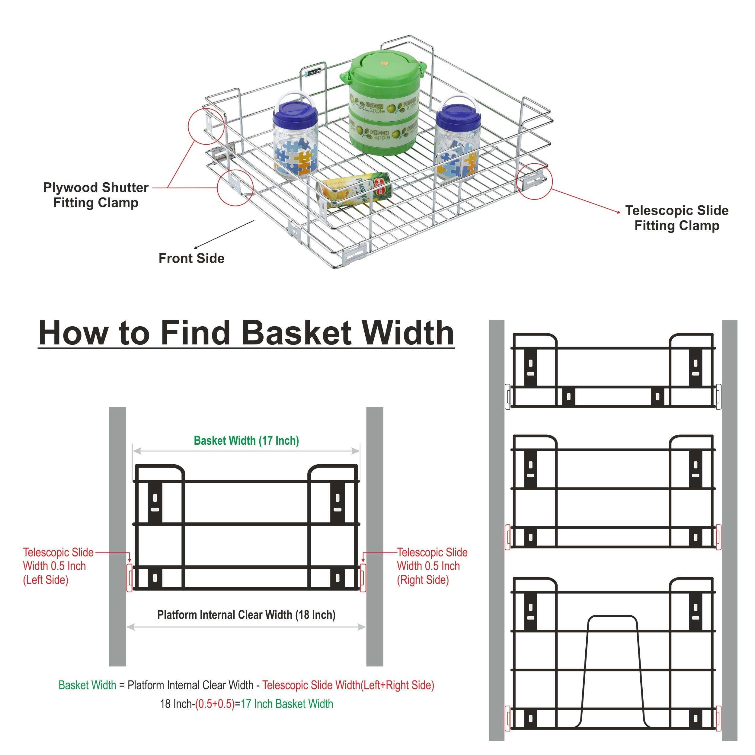 SmartSlide Stainless Steel Plain Kitchen Basket for Modular Kitchen/Kitchen Trolley/Kitchen Drawer/Kitchen Cabinet/Utensil Holder for Kitchen (17 x 18 x 4 Inch Plain Kitchen Basket) 3