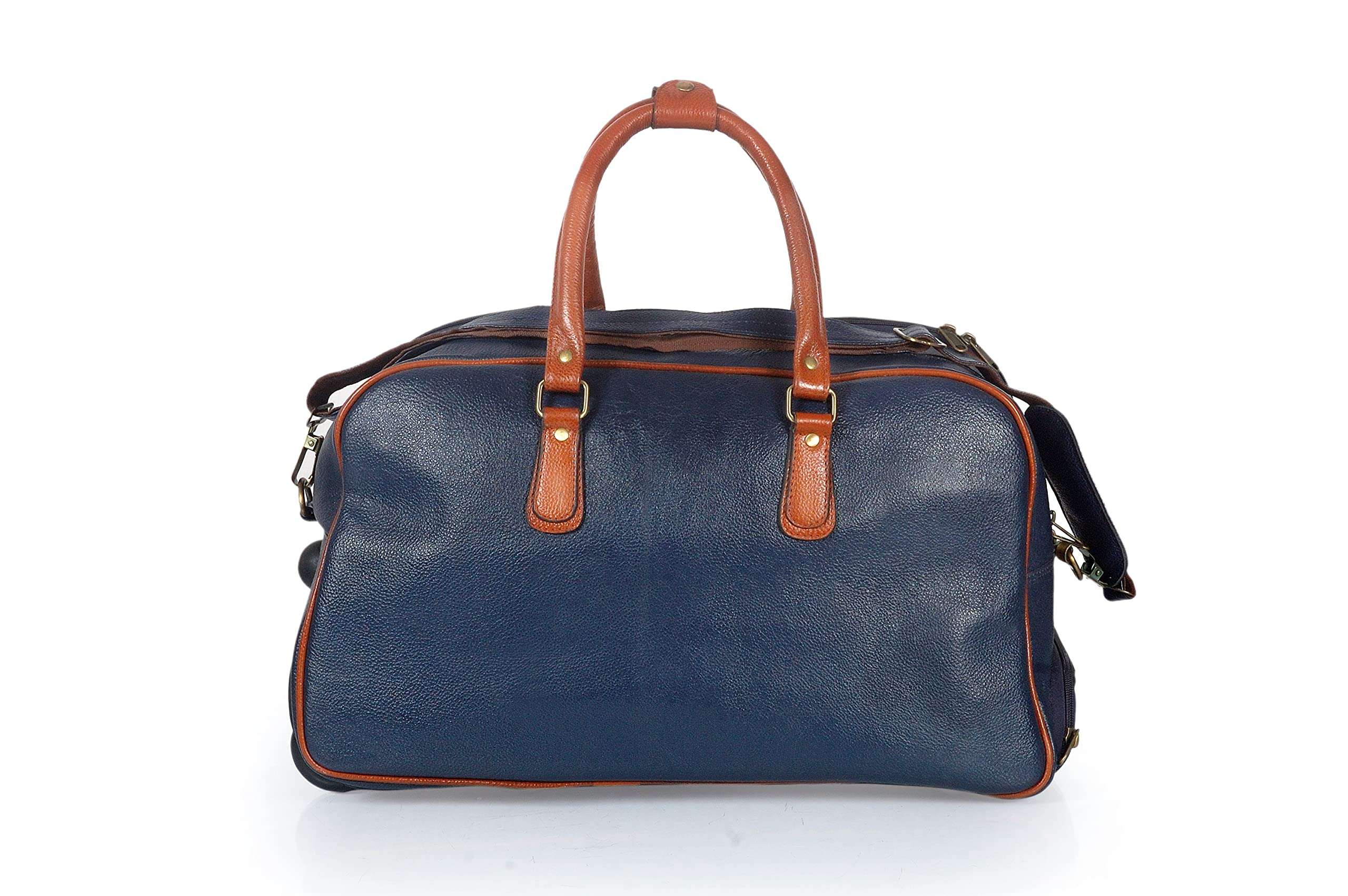 GATUDI ART CRAFT 100% Pure Leather Traveling bag Overnighte Suitcaser Weekend Trip Cabin Luggage Bag for Men & Women (Blue & Brown) Waterproof Strolley Trolley Bags Lightweight 6