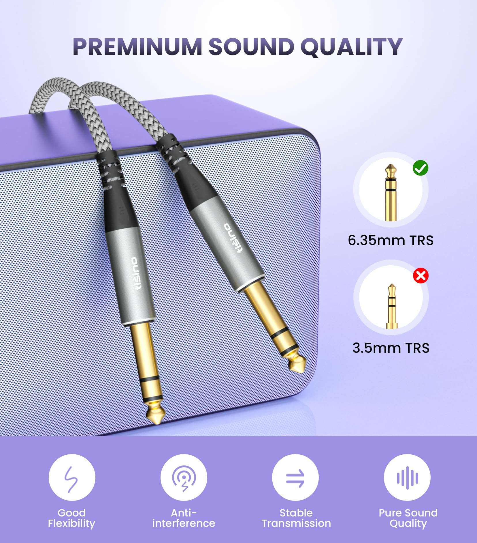 Tisino 1/4" TRS Cable-1/4 Male to 1/4 Male Audio Cable Balanced Stereo Audio Cable, Nylon Braid-Pro Interconnect and Guitar Cable Audio Cable for Studio Monitors,Mixer,Speaker-6.6 Feet 3