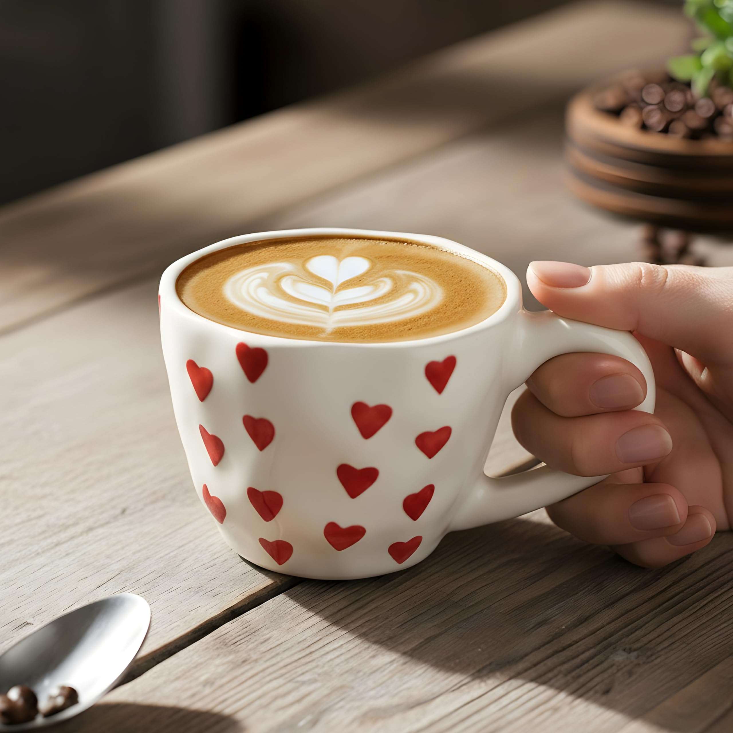Ceramic Coffee Mug with Red Hearts Pattern, White (Standard, 2, Count) | Aesthetic Tea Cup | Cups Ceramic Heart, 250 Ml | Coffee Cups & Mugs 3