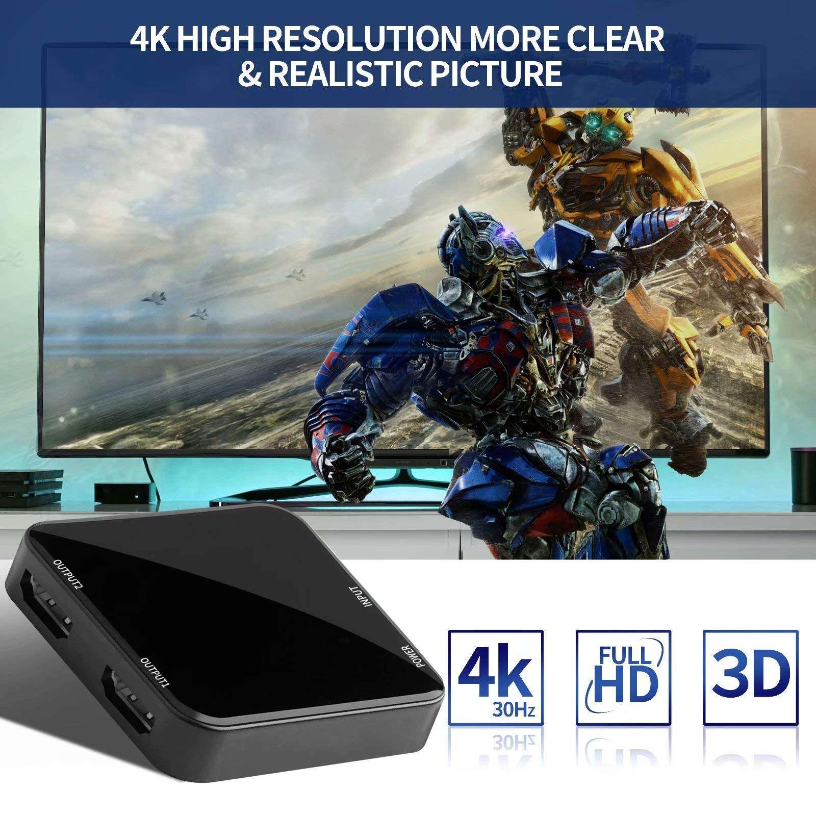 HDMI Splitter Multi-Ports 1 in 2 Out 4K Aluminum Ver1.4 HDCP Powered HDMI Splitter Supports 3D 4K@30HZ Full HD1080P for Fire Stick Roku Blu-Ray Player Xbox PS4 PS3 Apple TV HDTV (Black) 2