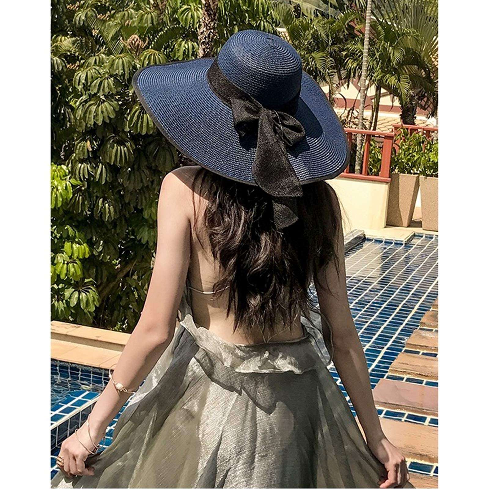 Women's Folable Floppy Hat,Wide Brim Sun Protection Straw Hat, Summer UV Protection Beach Cap(Navy Blue) 5