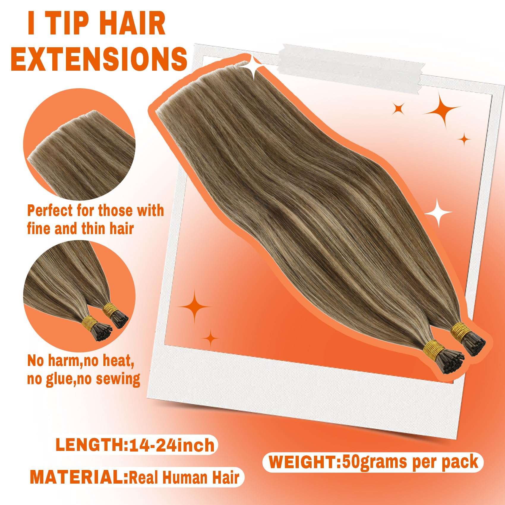 [Sunny & Ve Sunny]Sunny Itip Hair Extensions Dark Brown Highlight Caramel Blonde Bundle with Ve Sunny Ponytail Hair Extensions Same Color 14inch 3