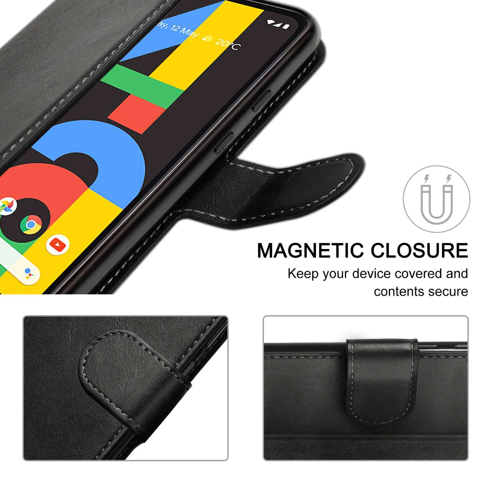 ykooe Google Pixel 4A Case (5.8"), Classic PU Leather Flip Phone Case for Google Pixel 4A 2020 Card Holder Cover, Black 5
