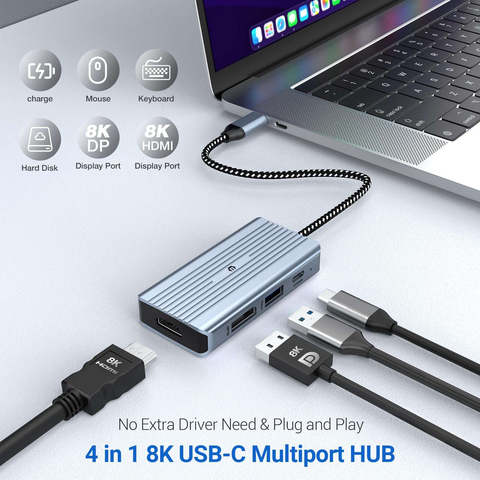 Tymyp USB C Hub, 4 in 1 USB C Hub, Dual Display 8K@30Hz HDMI 8K@30Hz DP, USB 3.0, 100W USB-C PD Charge Port 4 Port Dock Station for Laptop, HDTV, Projector, and Other Type C Devices 6