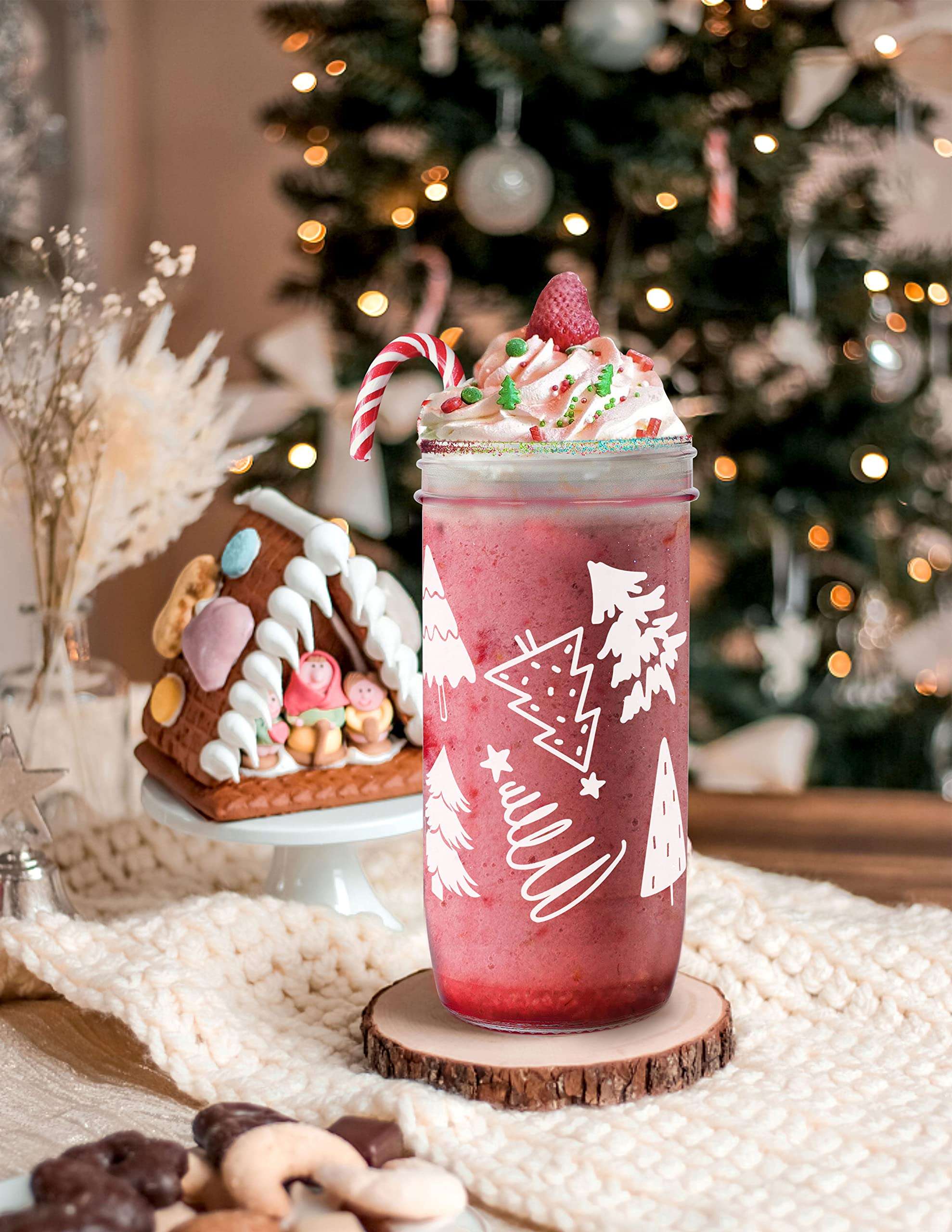 ANOTION Useful White Elephant Gifts for Adults Holiday 24oz Christmas Mugs Mason Jars Glass Cups with Lid and Straw Tumbler Drinking Glasses Coffee Cups Cookie Jar Glassware Gift for Women Men Mom 6