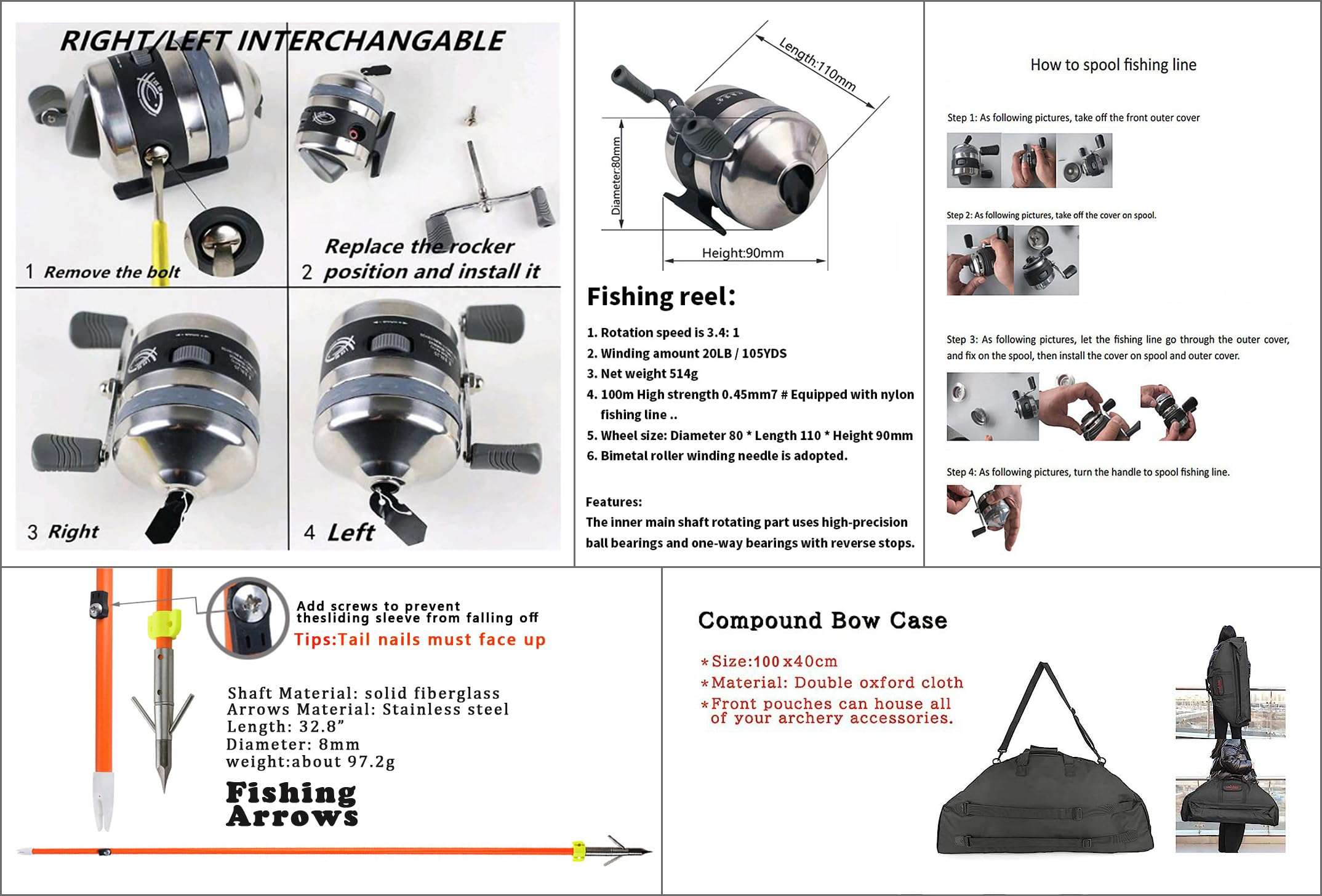 surwolf Bowfishing Compound Bow Kit Draw Weight 30-70lbs Adjustable Ready to Fish Kit with Bowfishing Reel,Bow Fishing Arrows Right Handed for Adult/Youth Fishing Hunting/Target Shooting (Black) 5