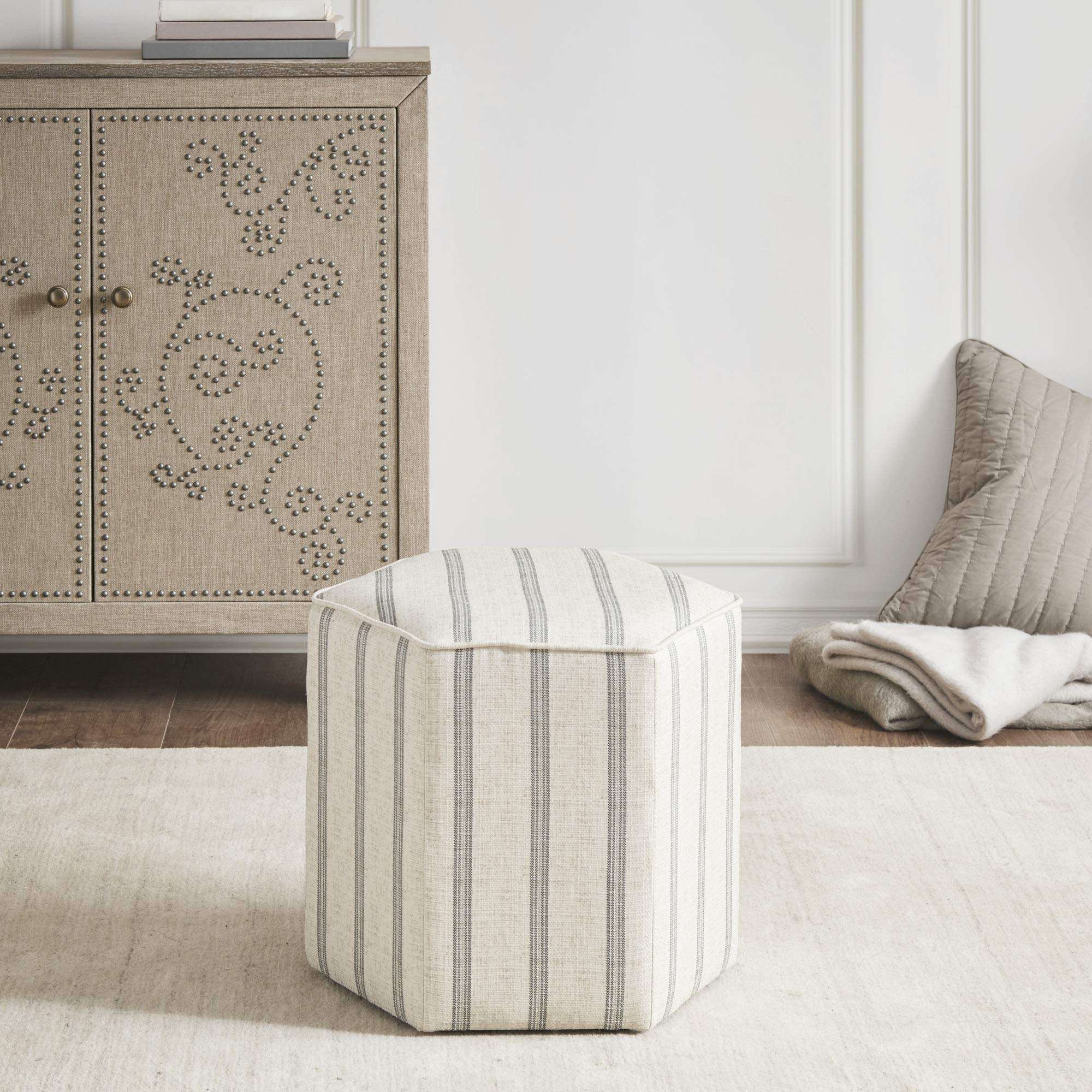 MARTHA STEWART Ellen Accent Ottoman - Solid Wood Frame, Soft Fabric, Hexagonal Small Stool Chair - Modern Foam Padded Top Footstool Living Room Furniture Natural, 18" W x 18" D x 16" H, Natural 3