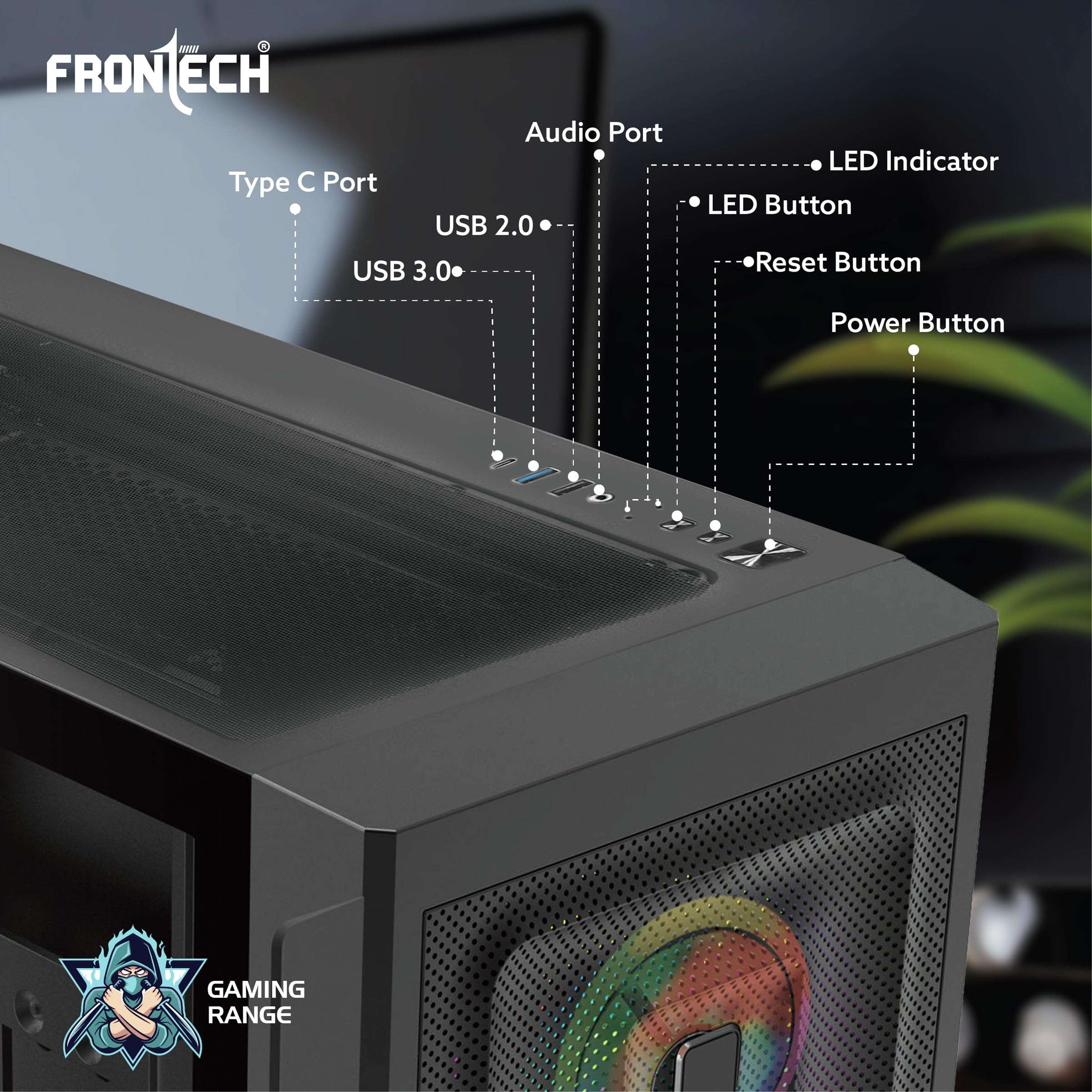 FRONTECH QUBIX ATX Mid Tower Gaming Computer Case | Tempered Glass Side Panel | Metal Mesh Front | 4 x 120mm ARGB Fans | USB 3.0 & Type-C (FT-4386) 6