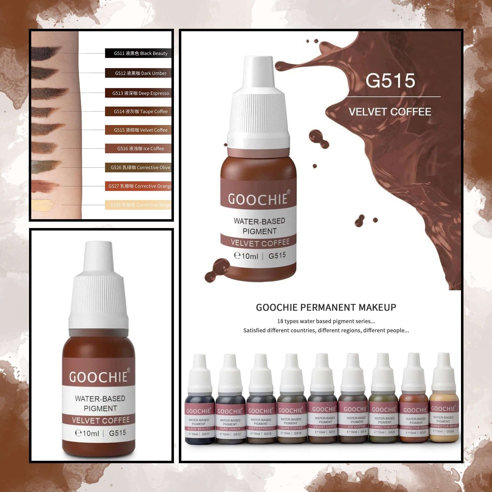 Goochie Superior Semi Organic Liquid Water Based Micro Pigment EU Standard Machine Permanent Makeup Pigment 10ml Eyebrow Pigment Velvet Coffee - G515 5