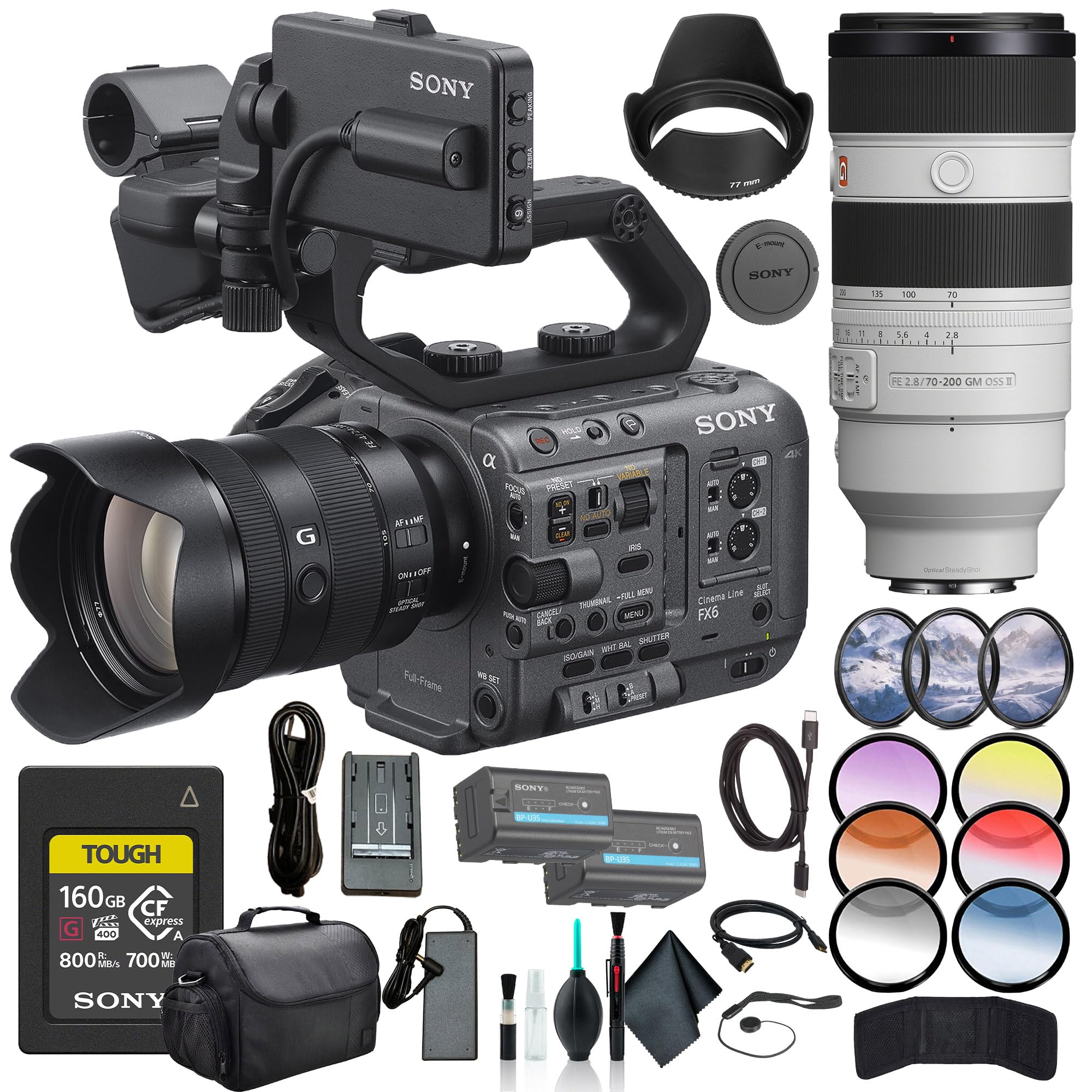 Sony FX6 Digital Cinema Camera Kit with 24-105mm Lens ILME-FX6VK, FE 70-200mm Lens, 160GB Memory Card, BP-U35 Battery, Filter Kit, Color Filter Kit, Lens Hood, Bag, and More