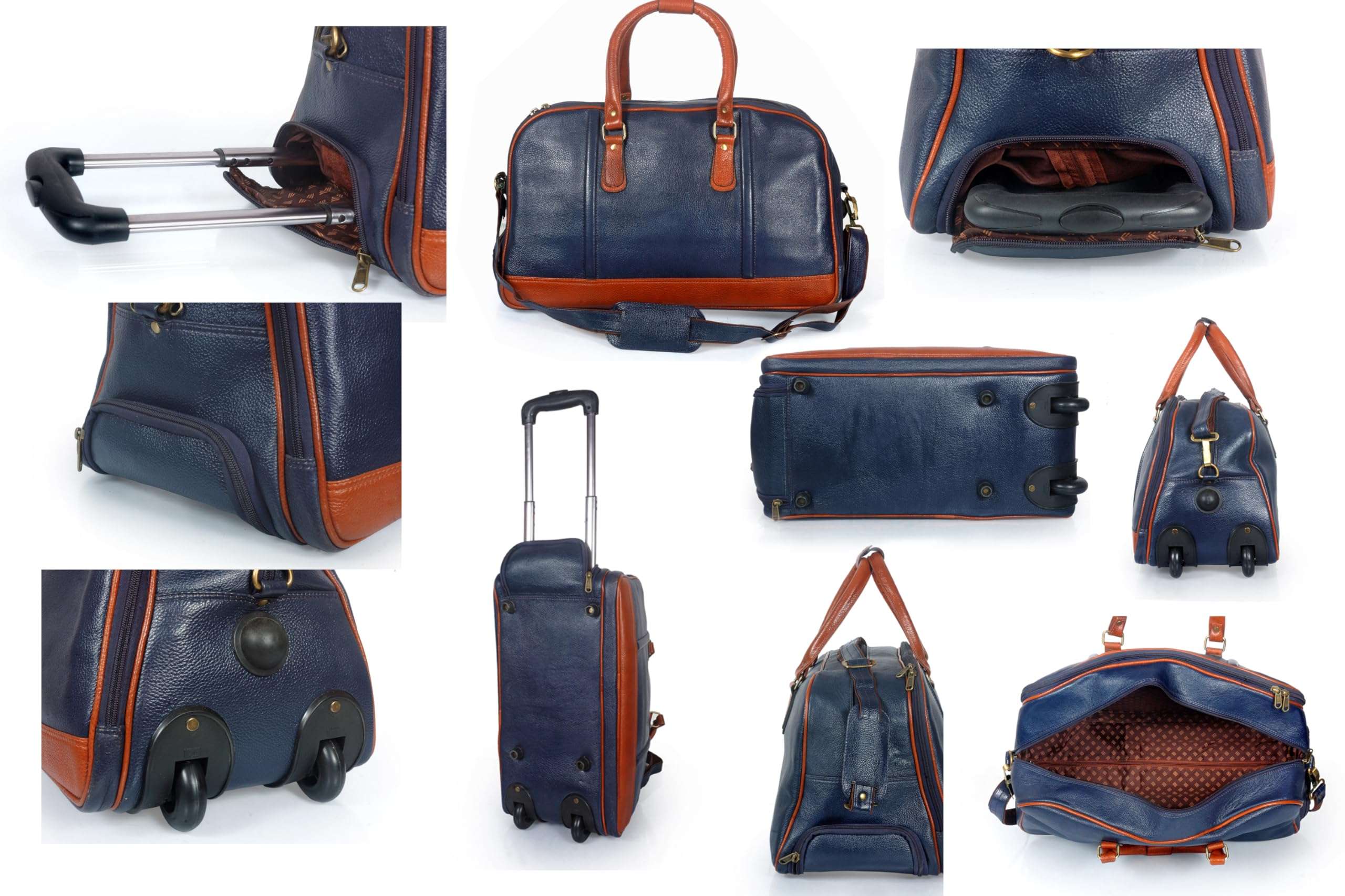 GATUDI ART CRAFT 100% Pure Leather Traveling bag Overnighte Suitcaser Weekend Trip Cabin Luggage Bag for Men & Women (Blue & Brown) Waterproof Strolley Trolley Bags Lightweight 4