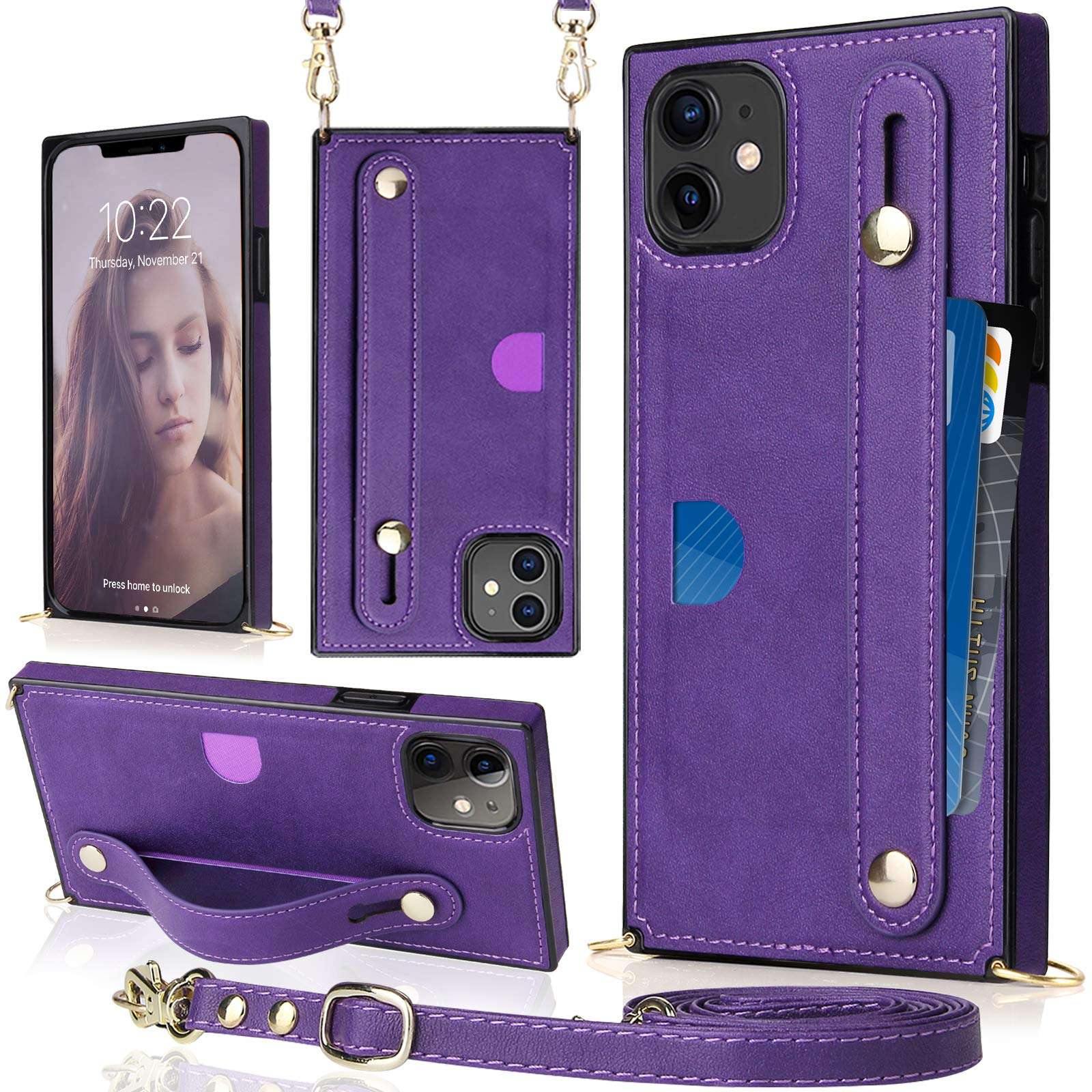 CASEOWL Wallet Crossbody Case for Women with Hand Strap, Card Holder, Kickstand, Adjustable Removable Shoulder Strap, Leather Protective Case Compatible, Purple