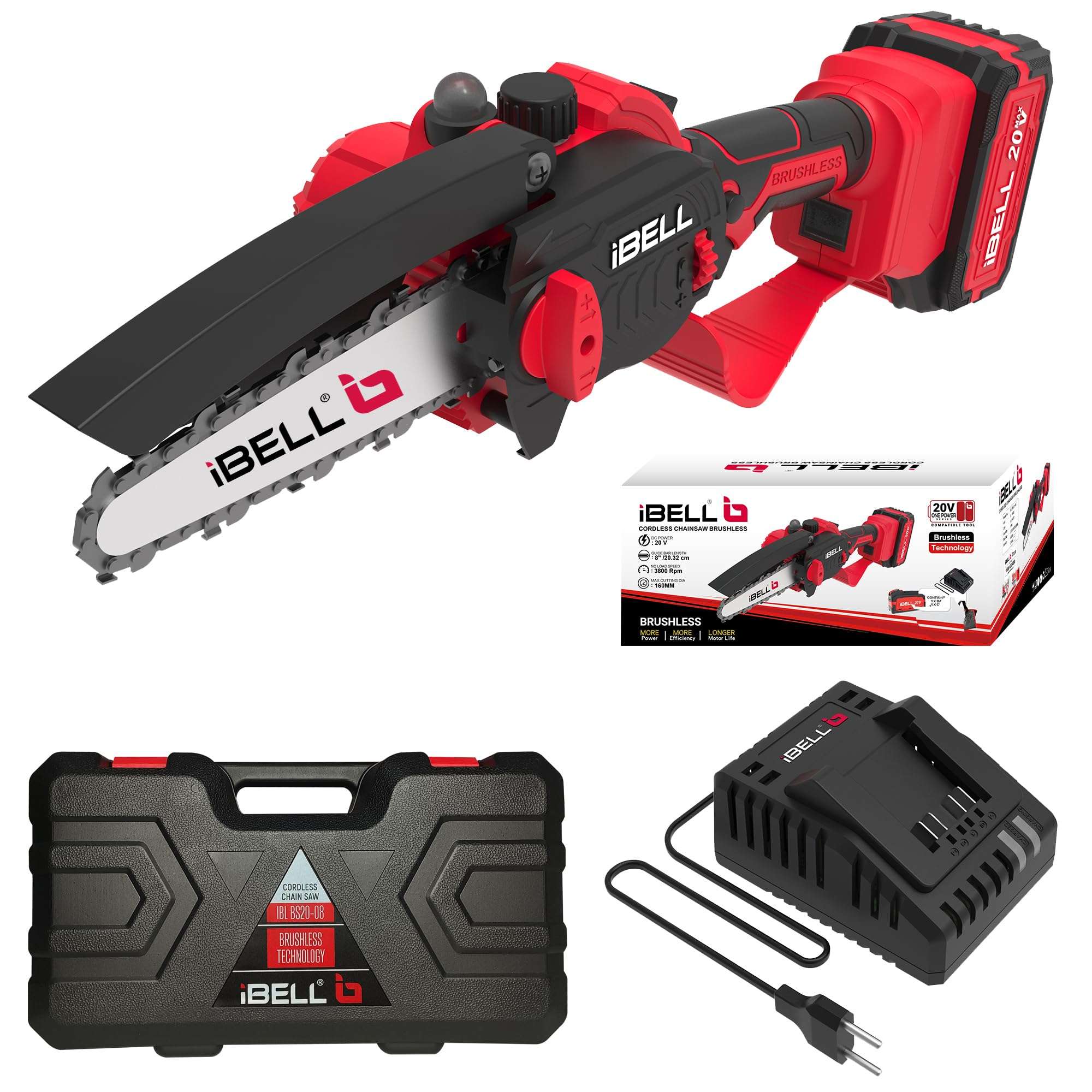 iBELL BS 20-08 Cordless Chainsaw Brushless, 20V,Wood Cutting Machine | 8" Chain Saw with 4.0Ah Battery & Charger | Tree Cutter Tool with BMC Box – One Power Series 1