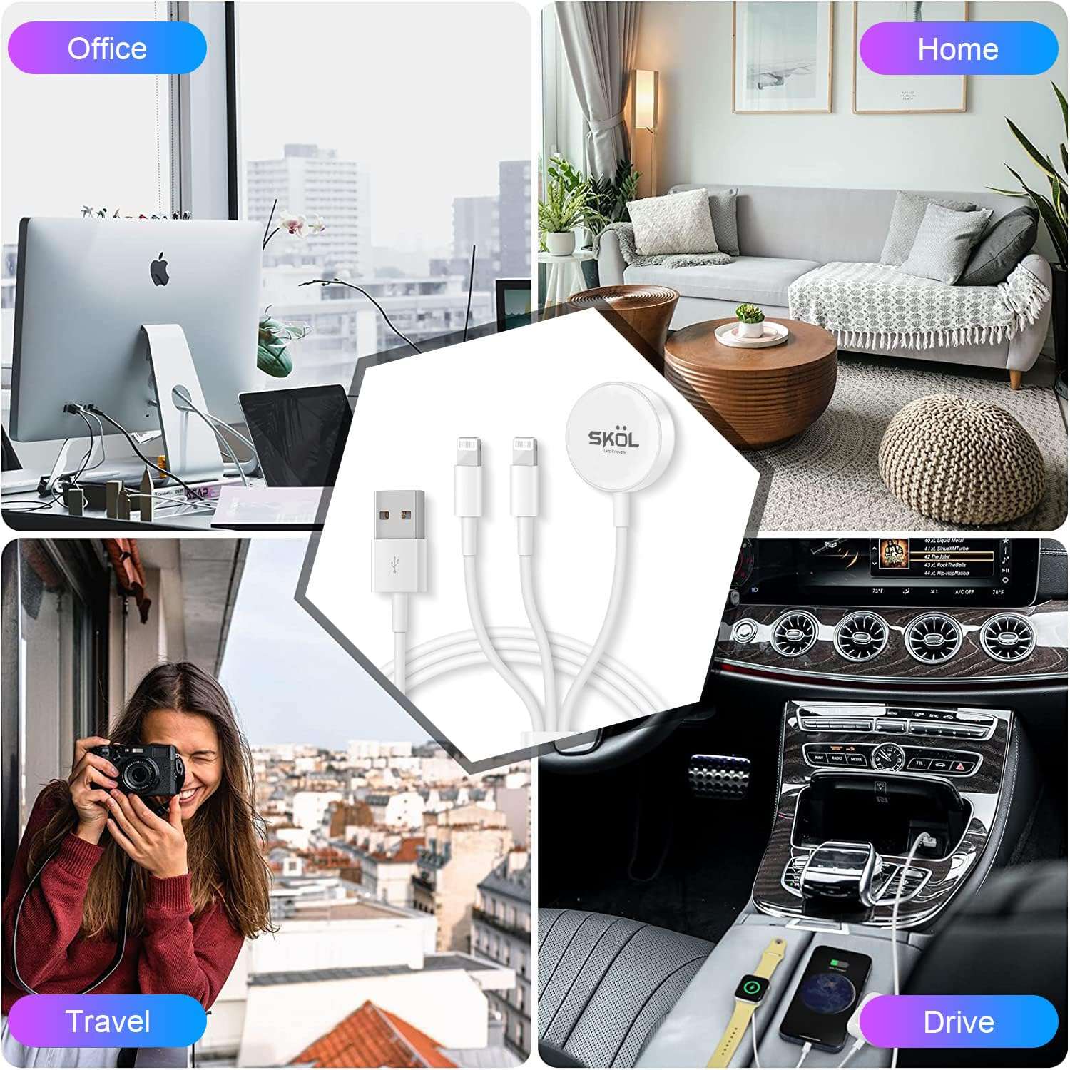 Smart Watch 3 in 1 Charging Cable Compatible for i-Watch SE 8/7/6/5/4/3/2/1 All Versions 38mm 40mm 42mm 44mm 45mm (White Color) 4