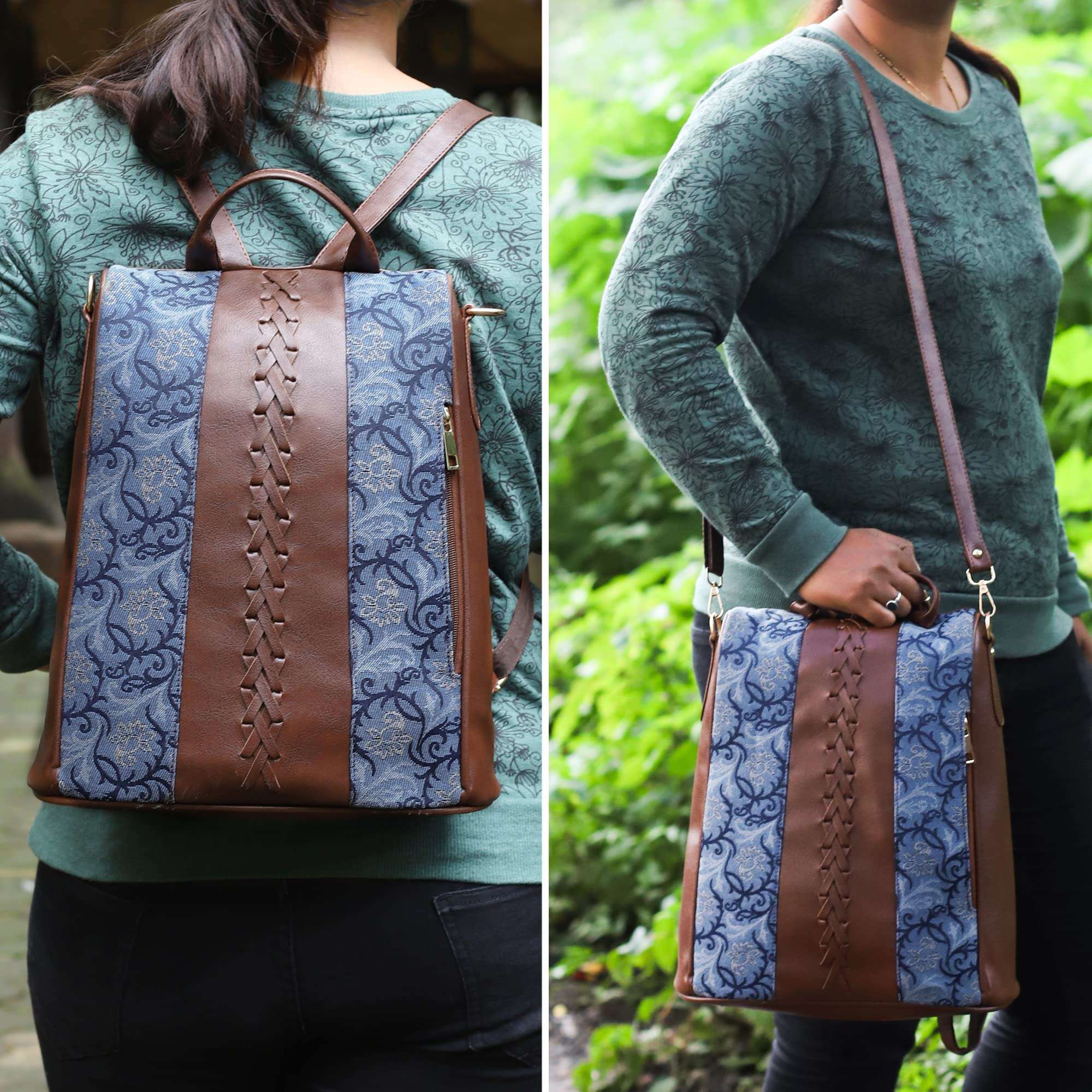 THE CLOWNFISH Akaya Collection Tapestry Fabric & Faux Leather Anti-Theft Back Open Style Womens Standard Backpack Travel Standard Backpack For College Going Girls (Blue-Floral), 10.5 Litre 3