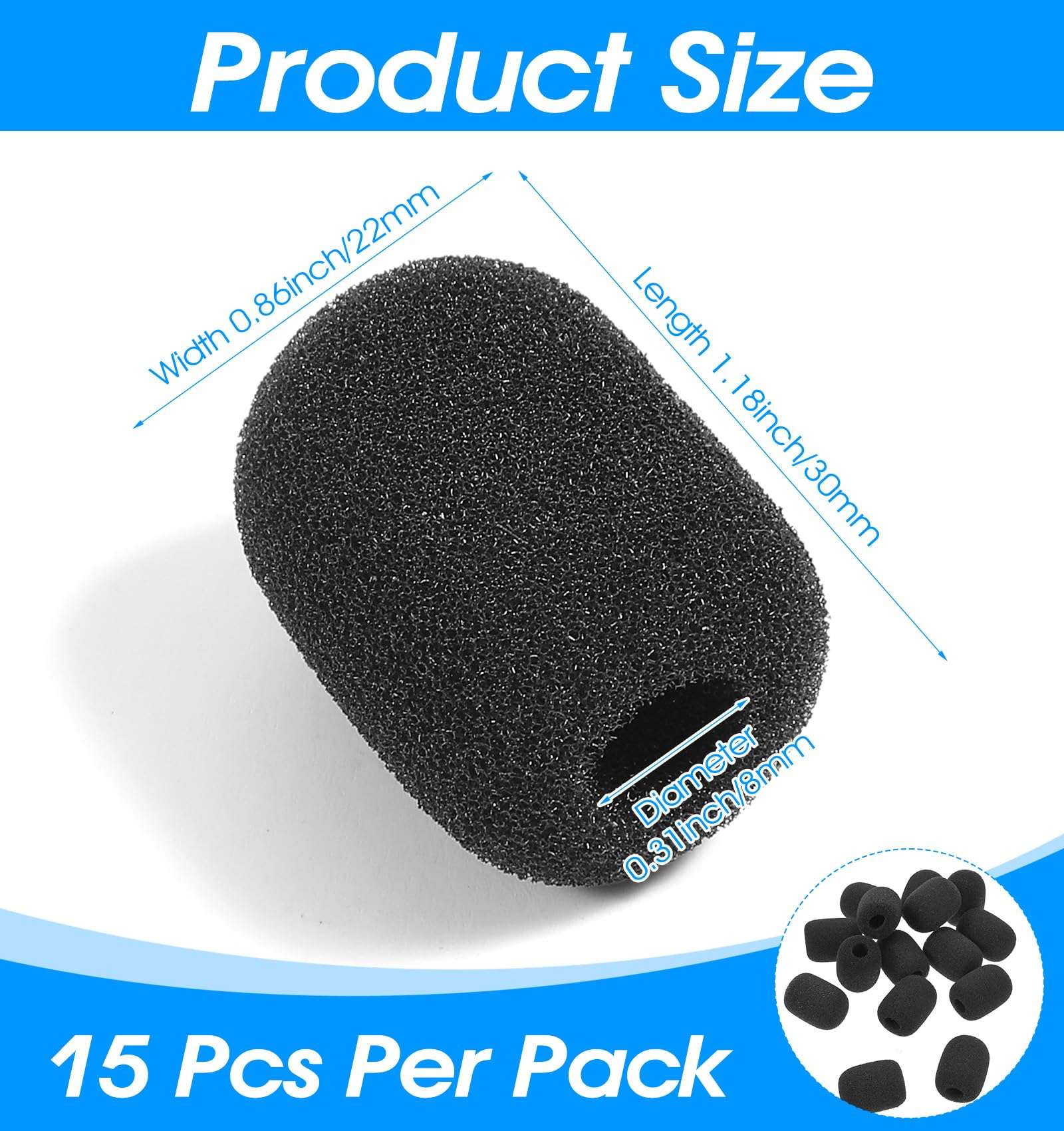 15PCS Mic Foam Cover, Headset Microphone Covers Foam, Noise Reduction Sponge for a Variety of Lapel & Mini Microphones (Black) 3