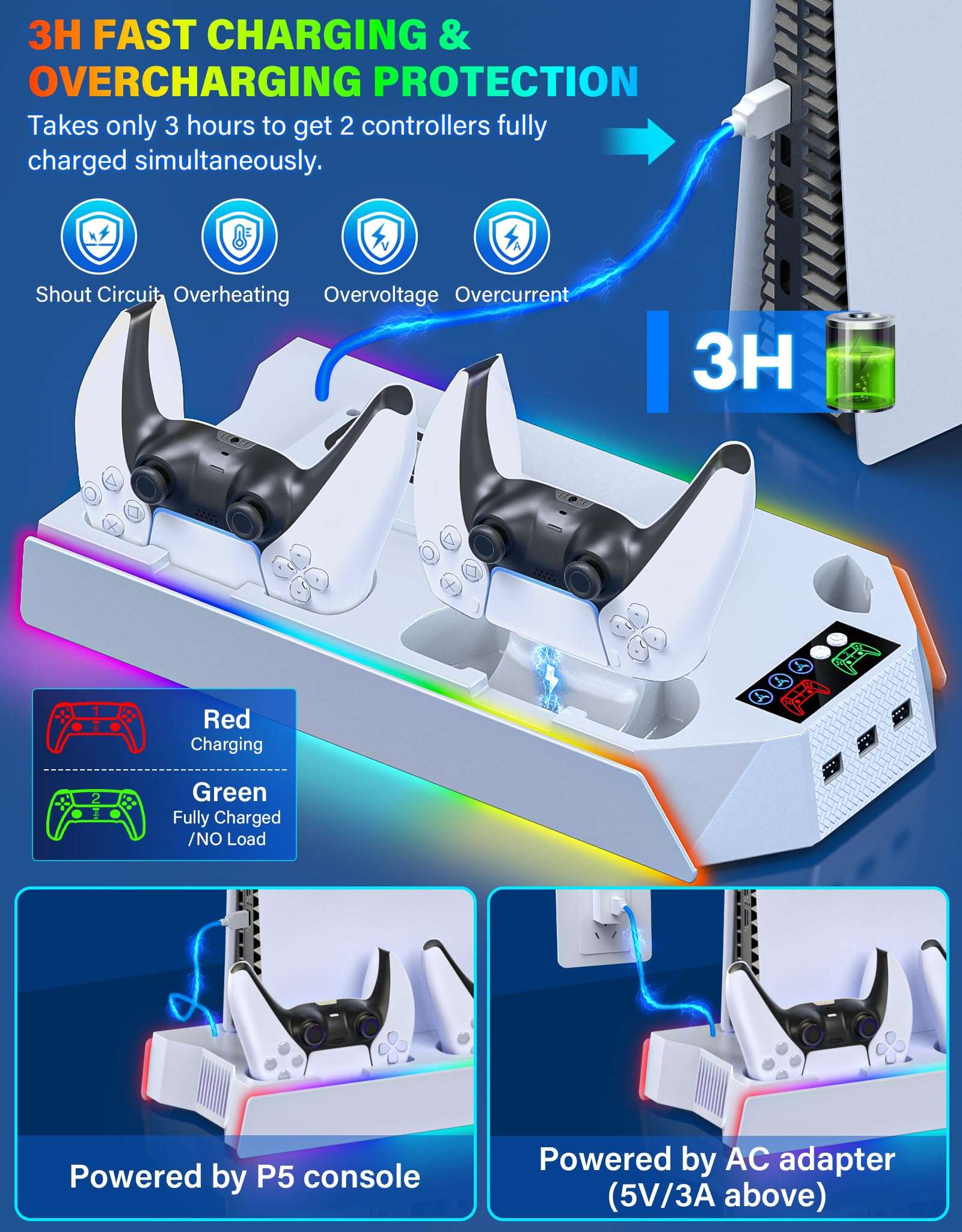 PS5/PS5-Slim-Cooling-Station-with-Controller-Charging-Station for PlayStation 5 Console Disc/Digital, LED RGB Light Cooling Stand with Cooler Fan for PS5 Accessories with 3 USB Hubs/Headset Holder 5