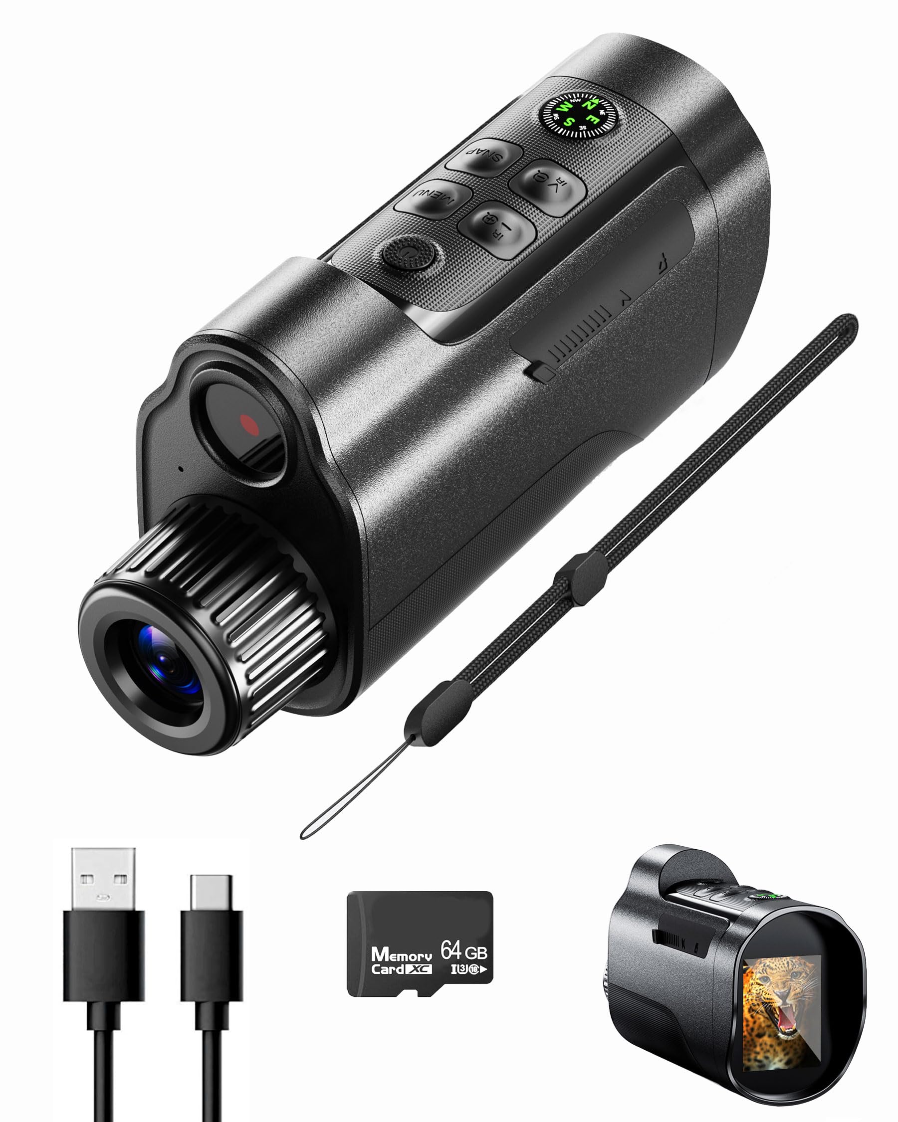 Night Vision Monocular, 2624FT-10X Digital Zoom, 2'' HD Screen Infrared Binoculars with Compass 64GB TF Card for Photos and Videos, Perfect for Adults Outdoor Camping and Wildlife Observation