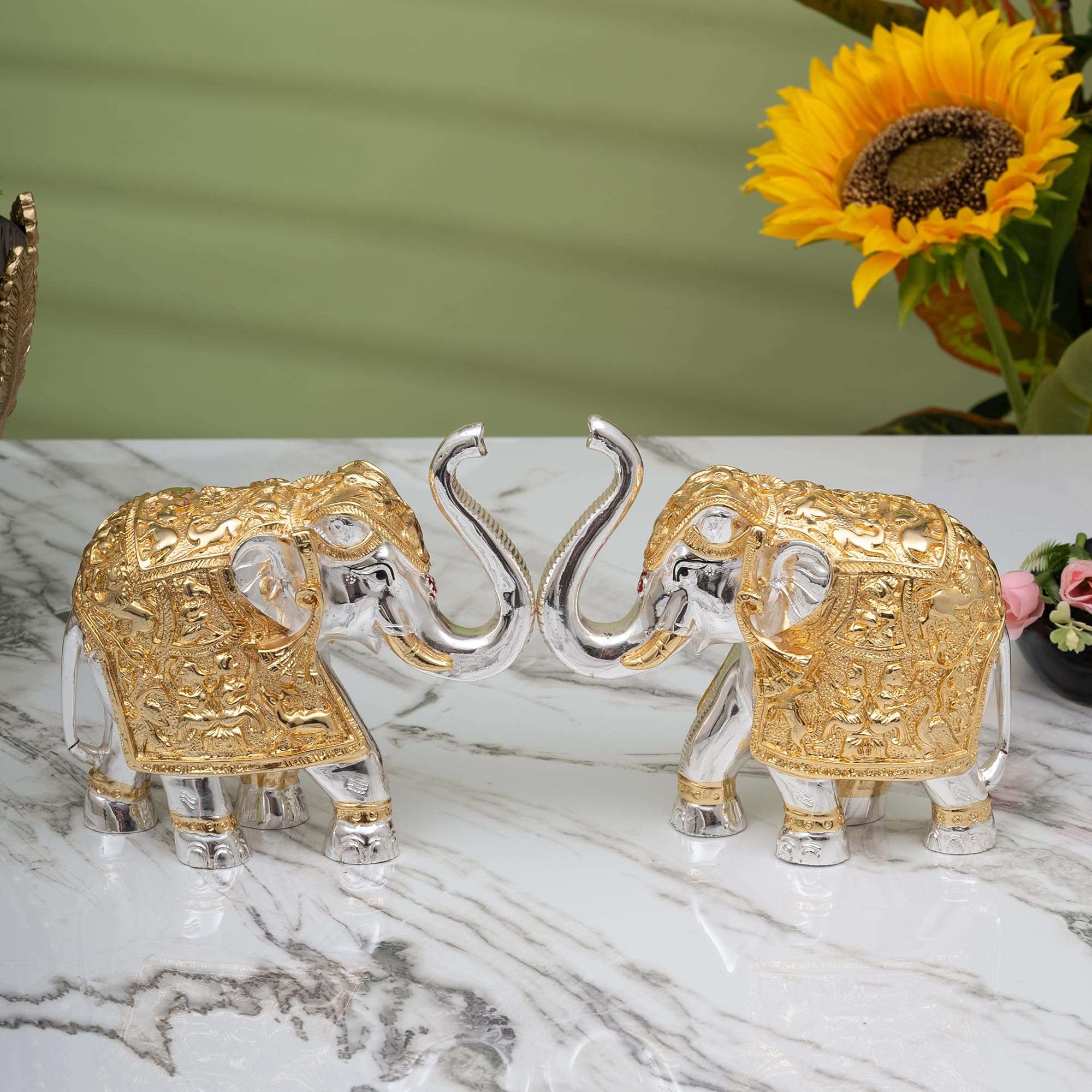 Idolkart Pure Gold & Silver Coated Elephant Showpiece - Elephant Decorative Items for Home - Elephant Statue for Good Luck, Pooja - Two Vastu Elephants - 3 inch (Set of 2 Elephants), Vastu Idols 1