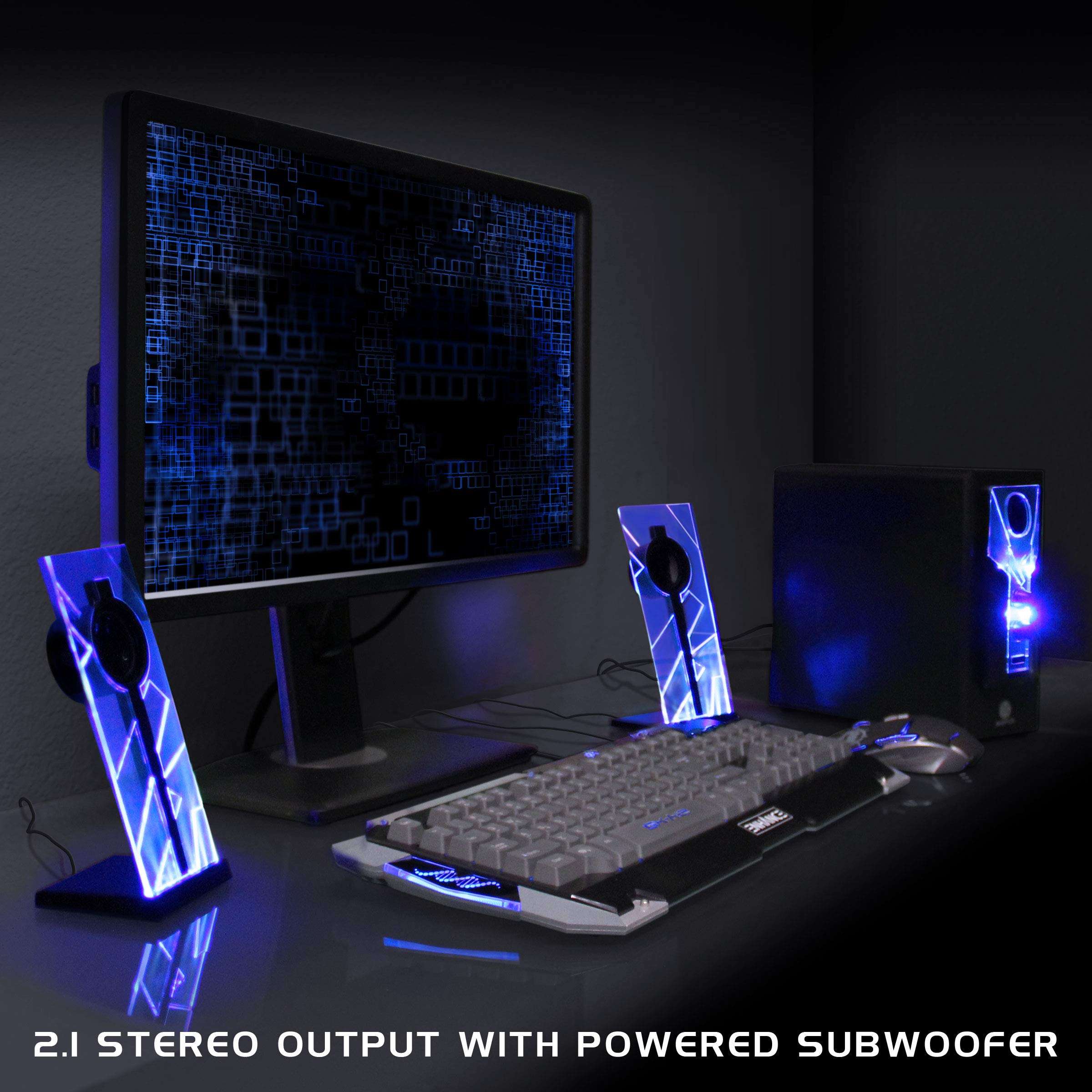 GOgroove BassPULSE Bluetooth 2.1 Computer Speakers with Subwoofer, Blue Glow LED Lights and Wireless Connection - Compatible with Your Gaming Desktop PC, Laptop and Other Bluetooth Devices 5