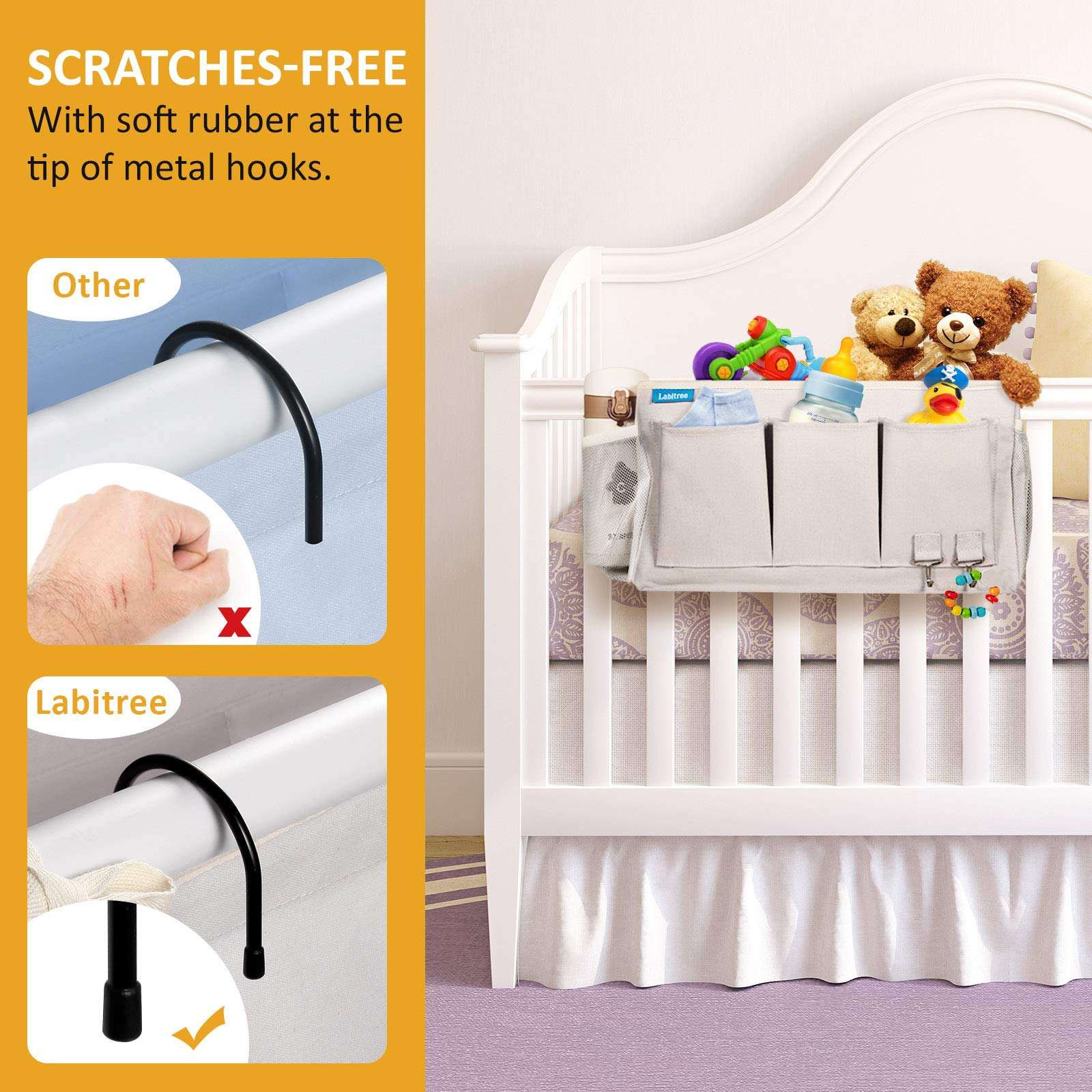 Labitree Bedside Caddy, Hanging Storage Organizer 6 Pockets Canvas Bag for Bunk, College Dorm Bed, Bed Rails with Magazine Phone Tablet Water Bottle Holder, Grey 5