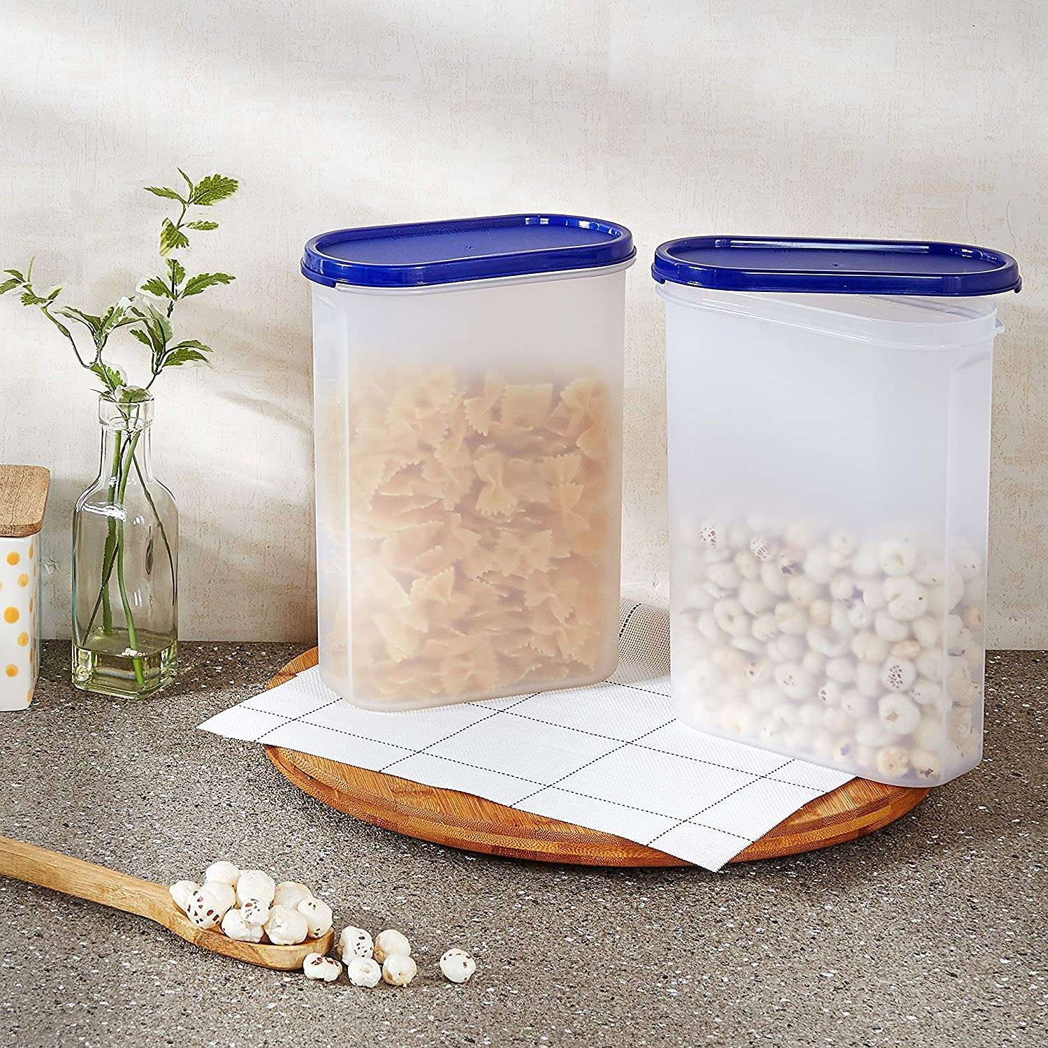 Nexus Plastic Stackable BPA-Free Modular Design Air Tight Kitchen Storage Container Set with Plain Lids for Kitchen Organizer, Pulses, Aatta, Rice, Grains, (2500ml/10 Cup/80 Oz, Peppy Blue) (2) 3