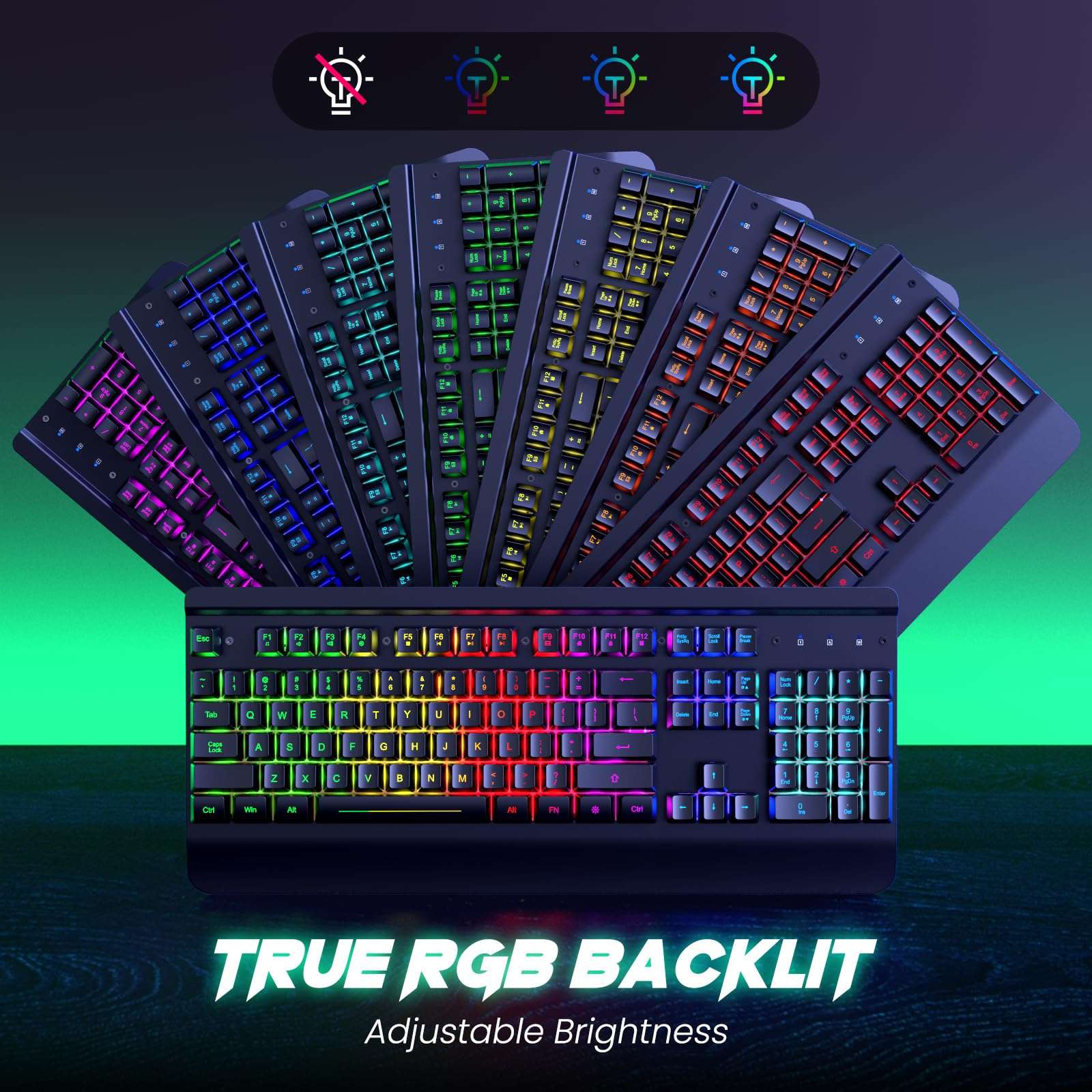 RisoPhy RGB Gaming Keyboard, 7 Single Color Backlits, 104 Keys Metal Panel Computer Keyboard,Silent Keys, Wrist Rest, Full Size Waterproof Light Up Wired Keyboard for PC Laptop Mac Gamer 3