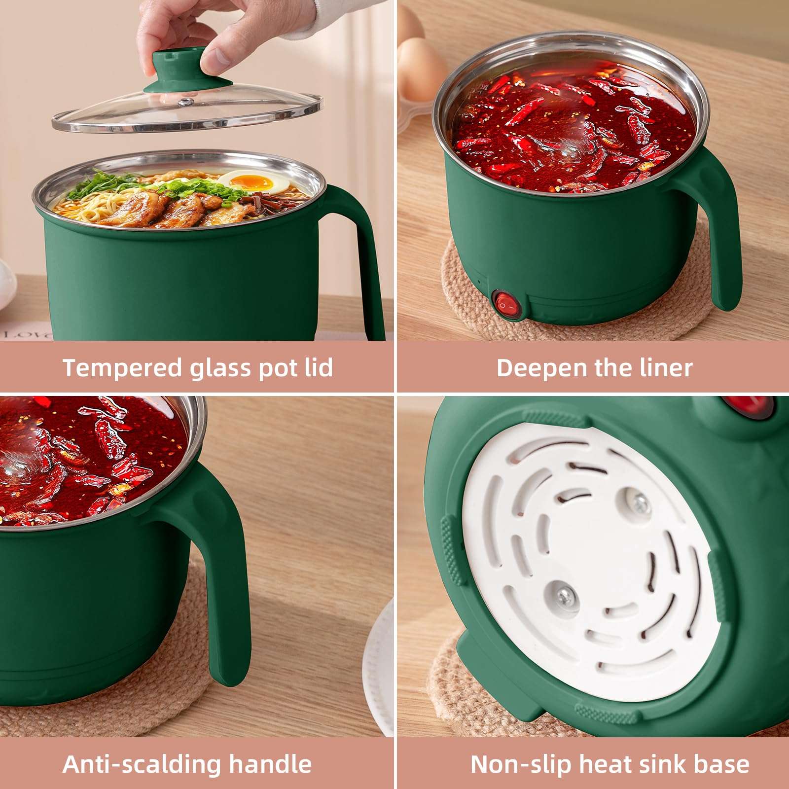 Bluewings Electric Cooking Pot with Steamer & Glass Lid | Portable Mini Electric Cooker for Noodles, Soup, Rice, Dumplings & Hot Pot | Ideal for Hostel, Office, Travel & Small Kitchens | All-in-One Portable Mini Cooker (Green, Without Lid) 6
