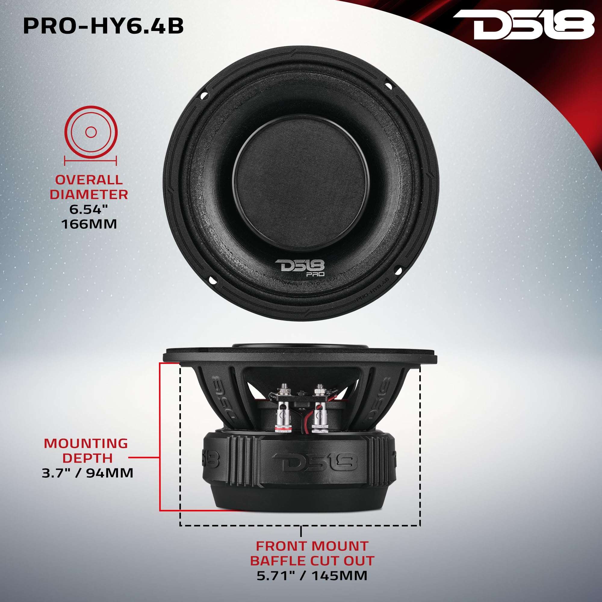 DS18 PRO-HY6.4B 6.5" Hybrid Mid-Range Car Audio Loudspeaker with 1" VC Built-in Compression Driver Horn and Water Resistant Cone 450W Max 225W RMS 4 Ohms (1 Speaker) 5