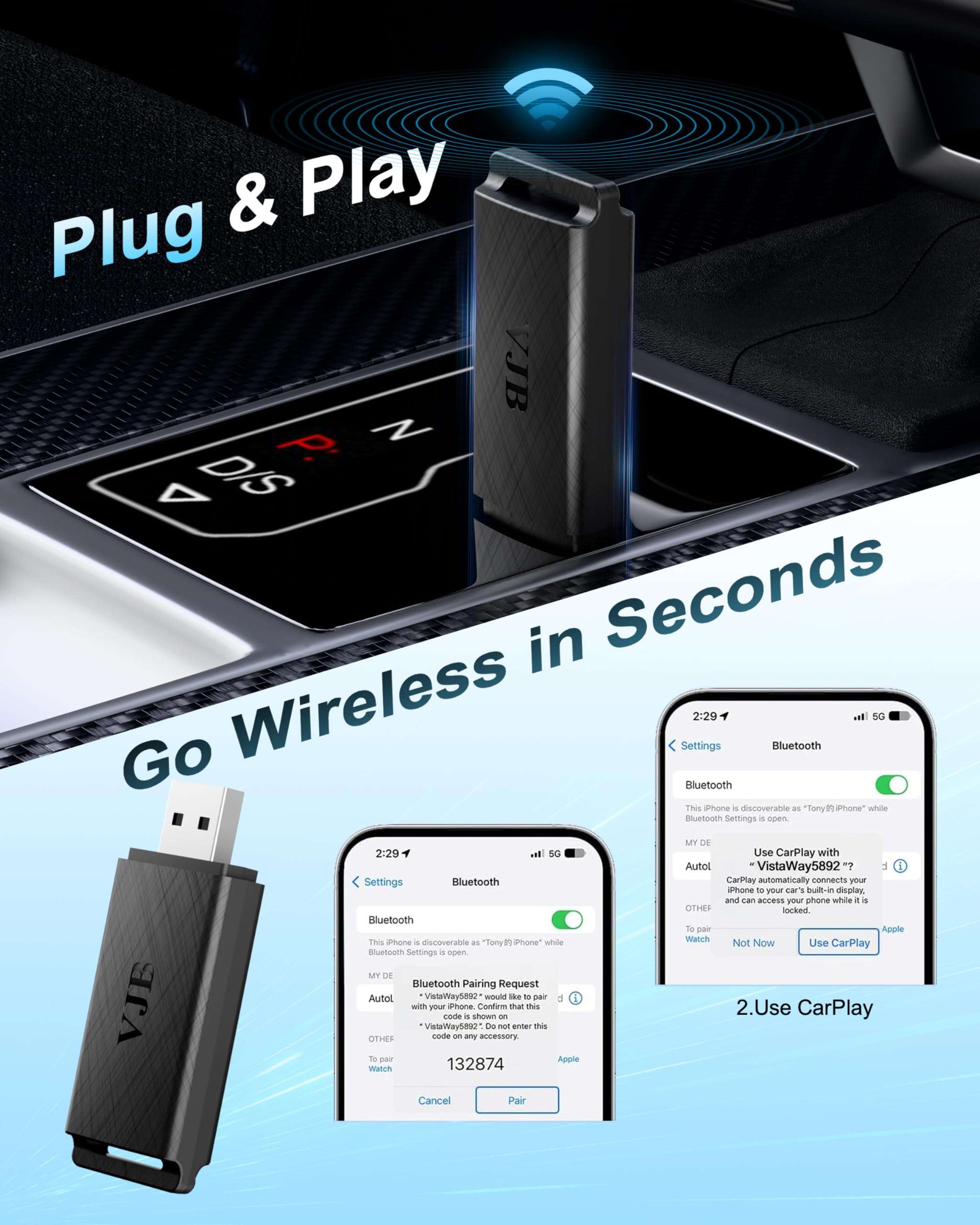 VJB Wireless CarPlay &Android Auto Adapter for iPhone & Android | Converts Wired to Wireless | Plug and Play Stable Connection Fast Auto-Connect (iOS 10+, Android 10+, 2016+ Cars) 5