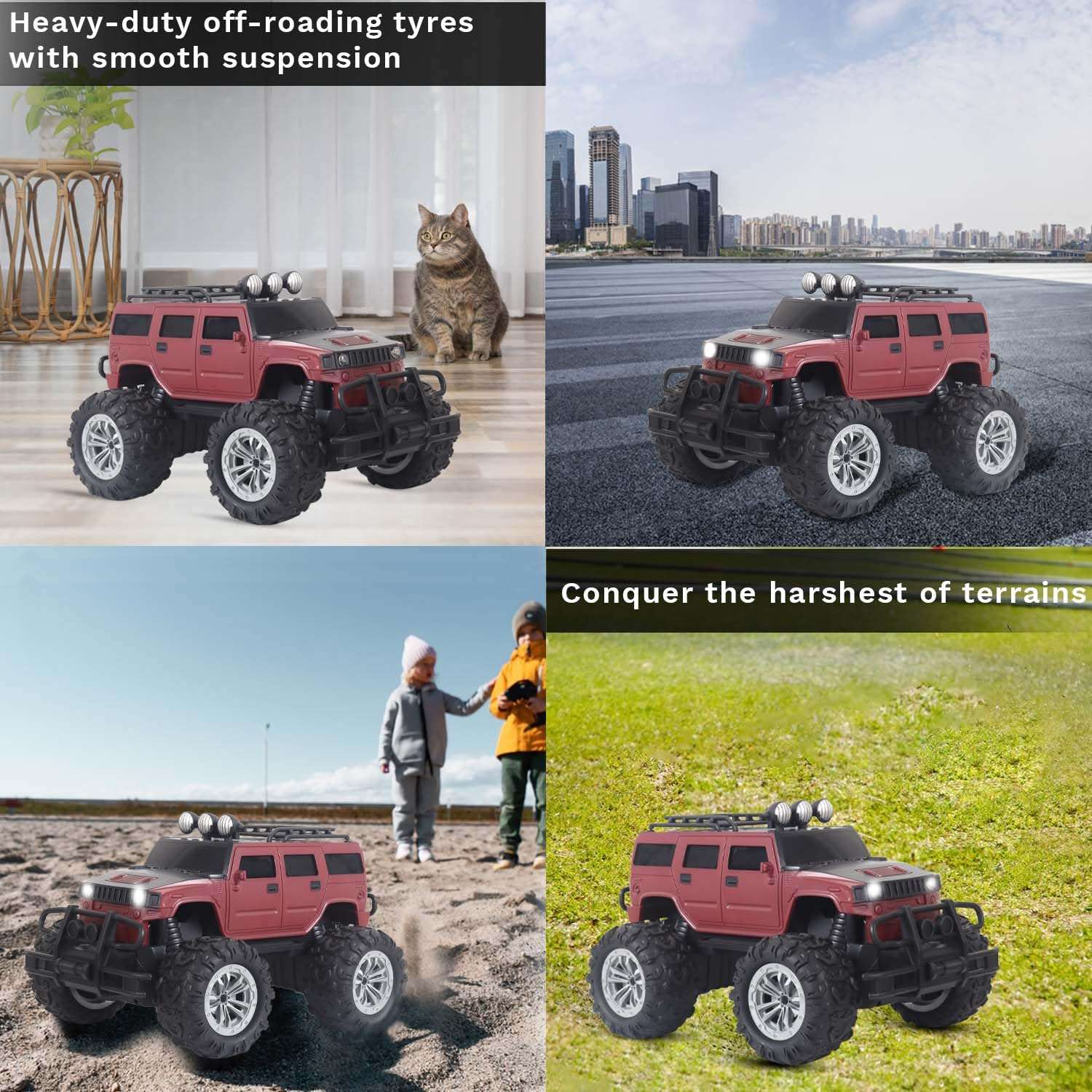 popsugar Off Roader Rechargeable Remote Control Car | RC Car Monster Truck | 4 Headlight Modes | Lithium Battery | C-Type Charging | 2.4GHz Remote Controller | Made in India, Maroon 2