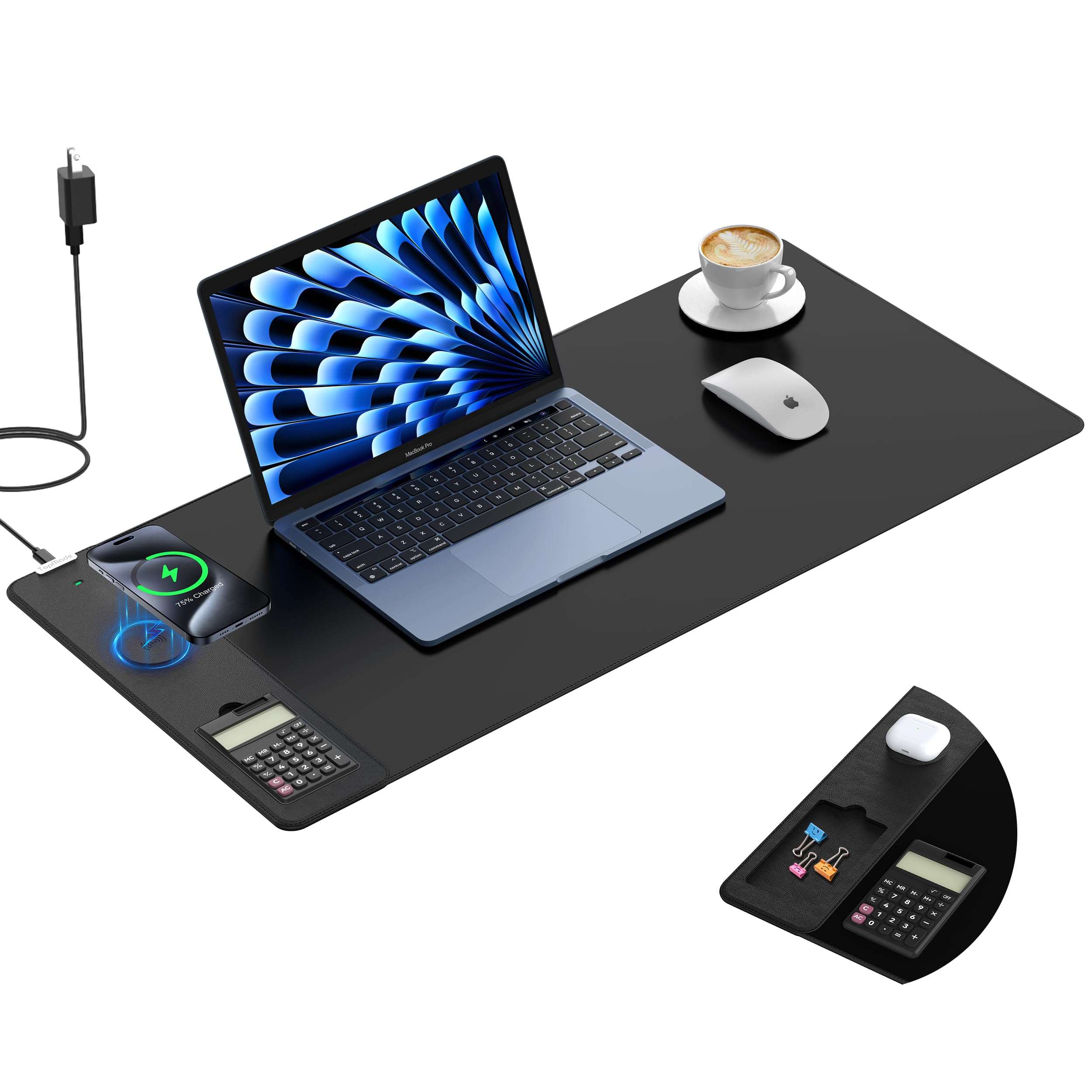 TopMade Mouse Pad with 15W Wireless Charging, Removable 8-Digit Solar Calculator, Exact Large Desk Pad, Waterproof Mousepad Home Office Desk Mat (Includes 20W PD Power Adapter & 6.56ft Woven Cable) 1