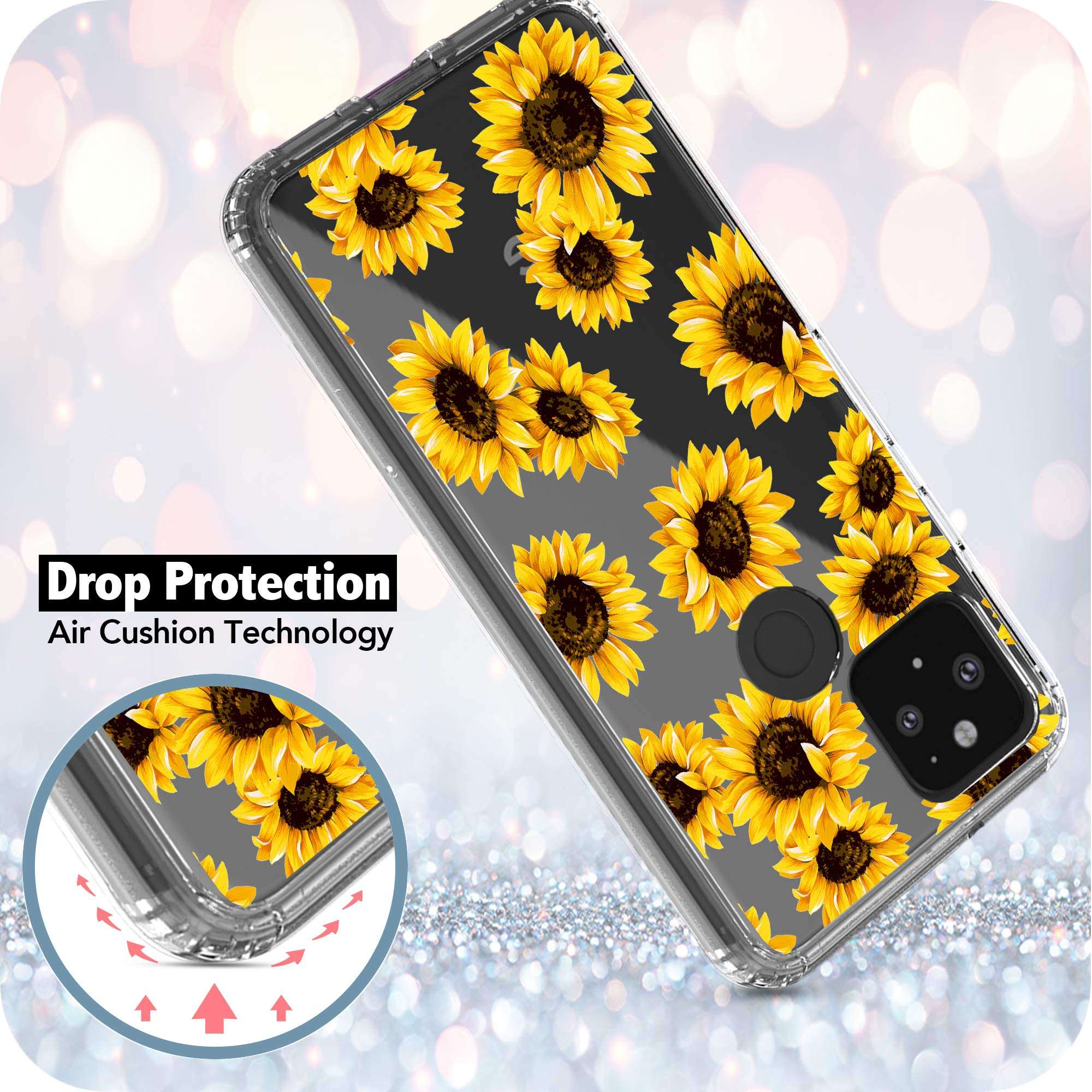 Google Pixel 5 Case, RANZ Anti-Scratch Shockproof Series Clear Hard PC+ TPU Bumper Protective Cover Case for Google Pixel 5 - Sunflowers 5