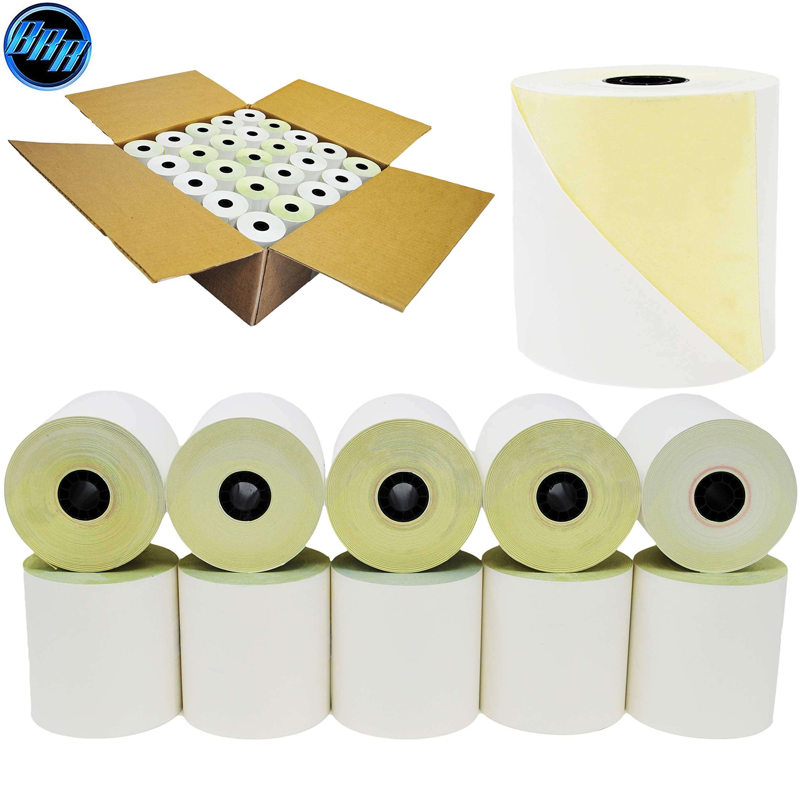 (10 Rolls - 50 GSM) 3'' x 95' White/Canary 2 Ply Carbonless Kitchen Printer Paper Cash Register Receipt Rolls for Star Micronics SP2000, UP389 VeriFone Omni 480, Printer 220, 250, 900 TMU 220 4
