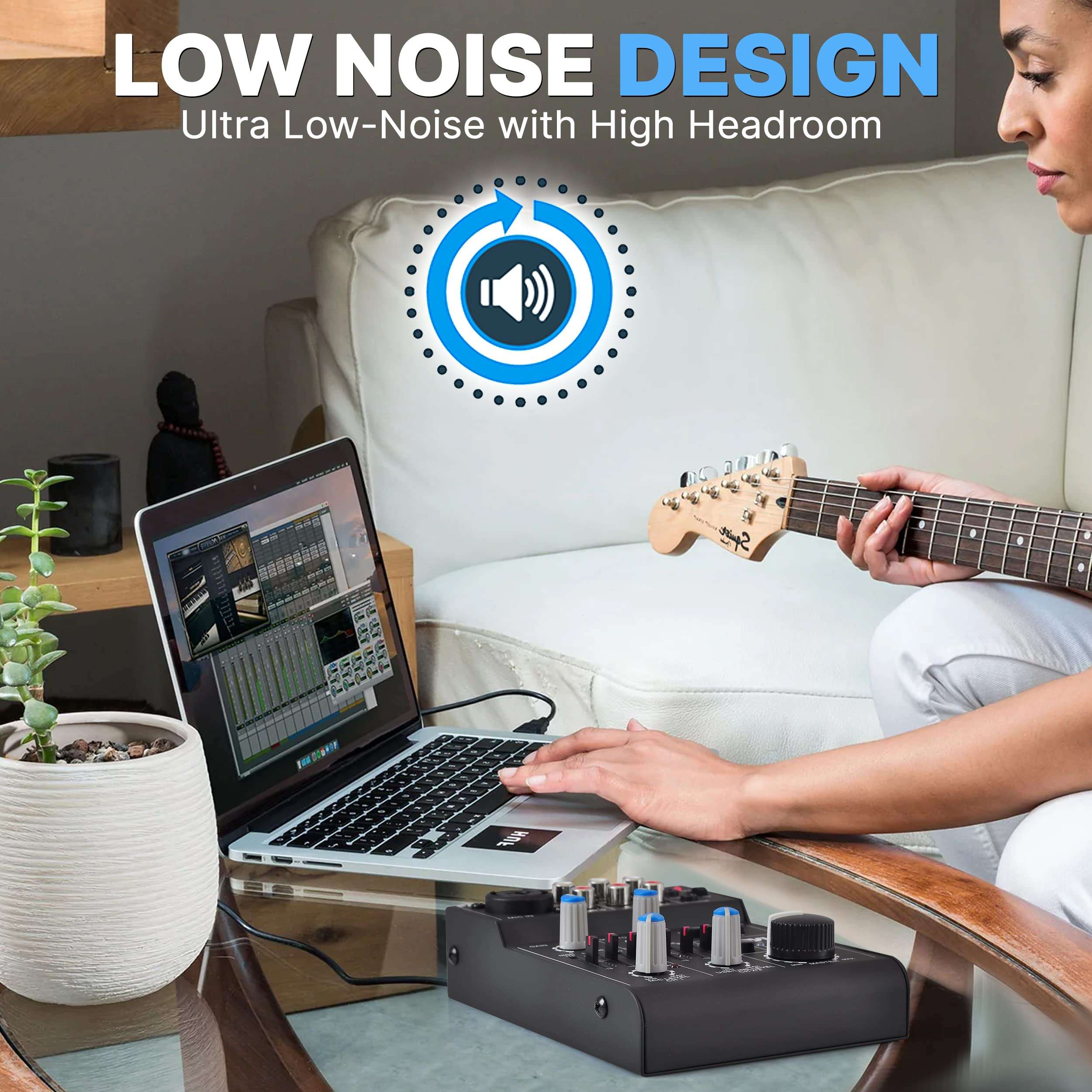 Pyle 5-Channel Rechargeable Mini Portable Audio Mixer – Compact Music Mixer DJ Controller with USB Interface, Slider EQ Controls, XLR Combo Mic Input, Rechargeable Battery, USB/Line/Master Controls 6