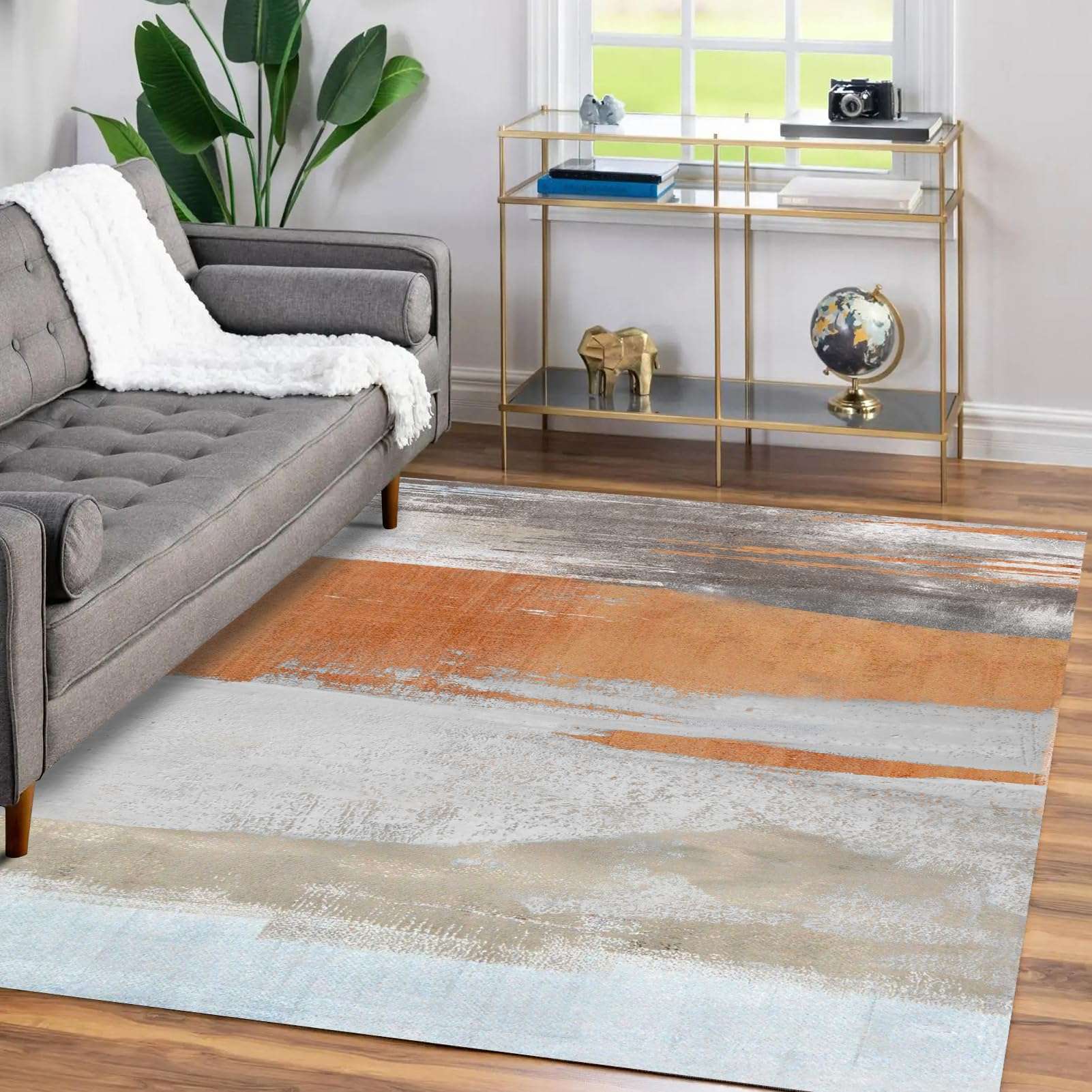 Eroyat Abstract Slim Area Rug, 3x5 Feet Non-Slip for Living Room Bedroom, Indoor Entryway Kitchen, Office - Non-Shedding Soft Low Pile Floor Decor, Gray-Orange 5